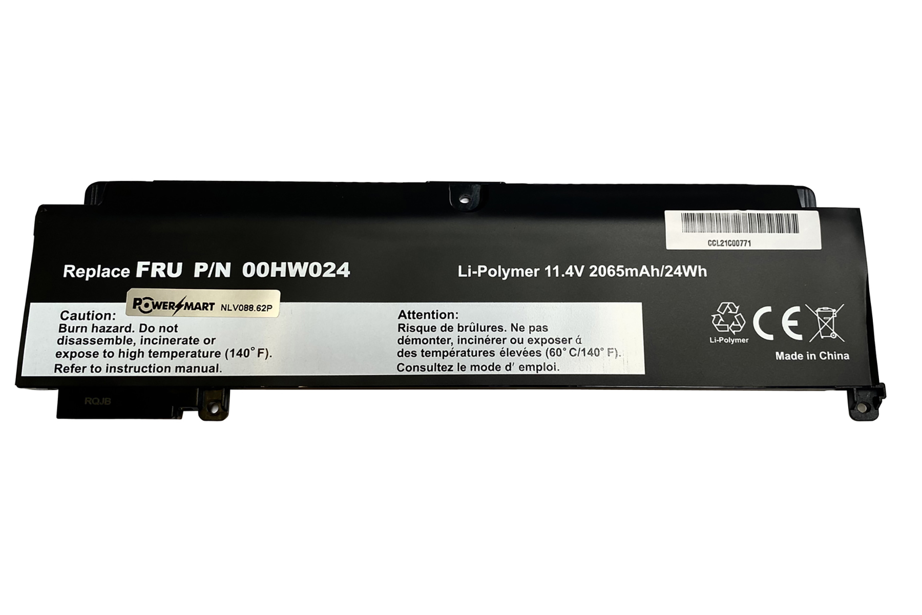 Schwarzer Laptop-Akku mit Beschriftungen wie 'Replace FRU P/N 00HW024'.