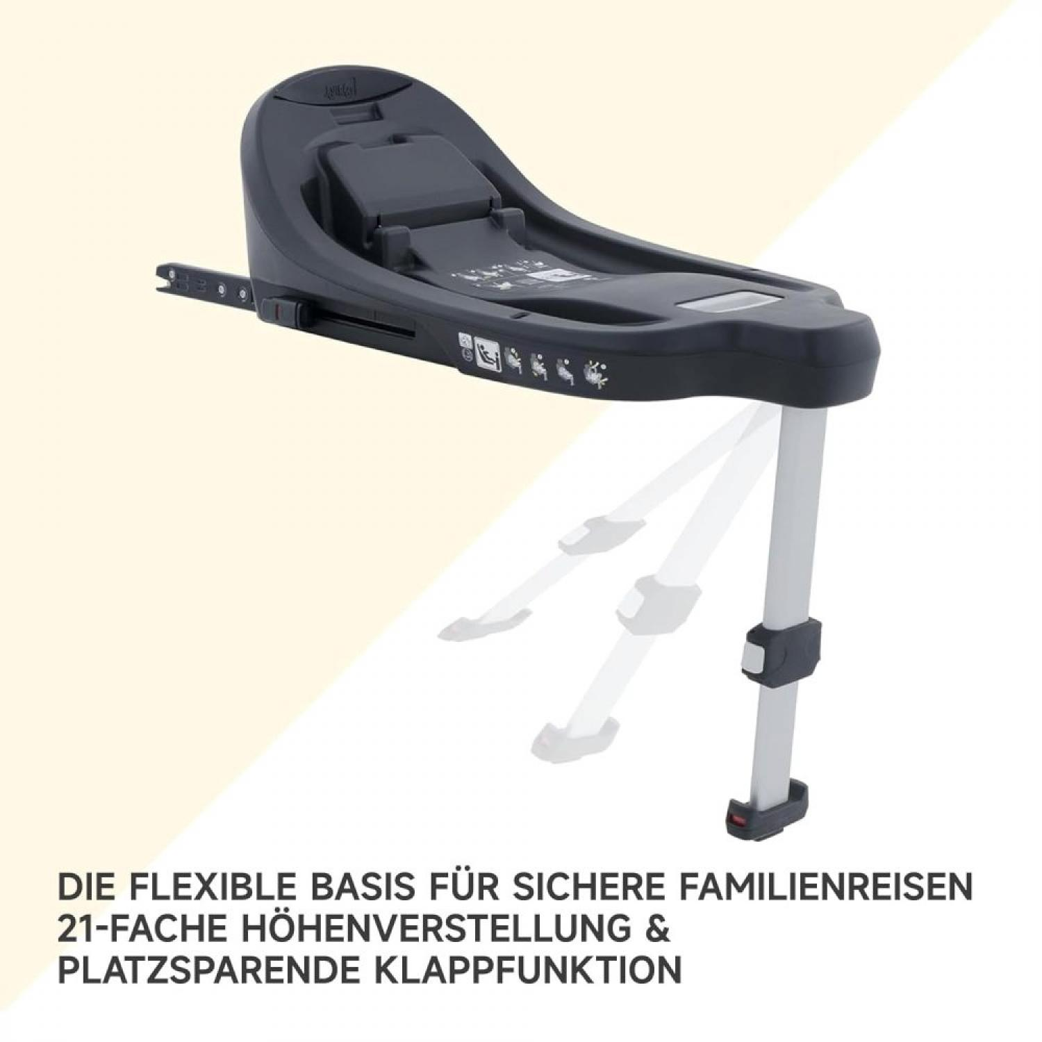 Schwarze Babysitz-Basis mit ausklappbarem Stützfuß vor hellem Hintergrund.