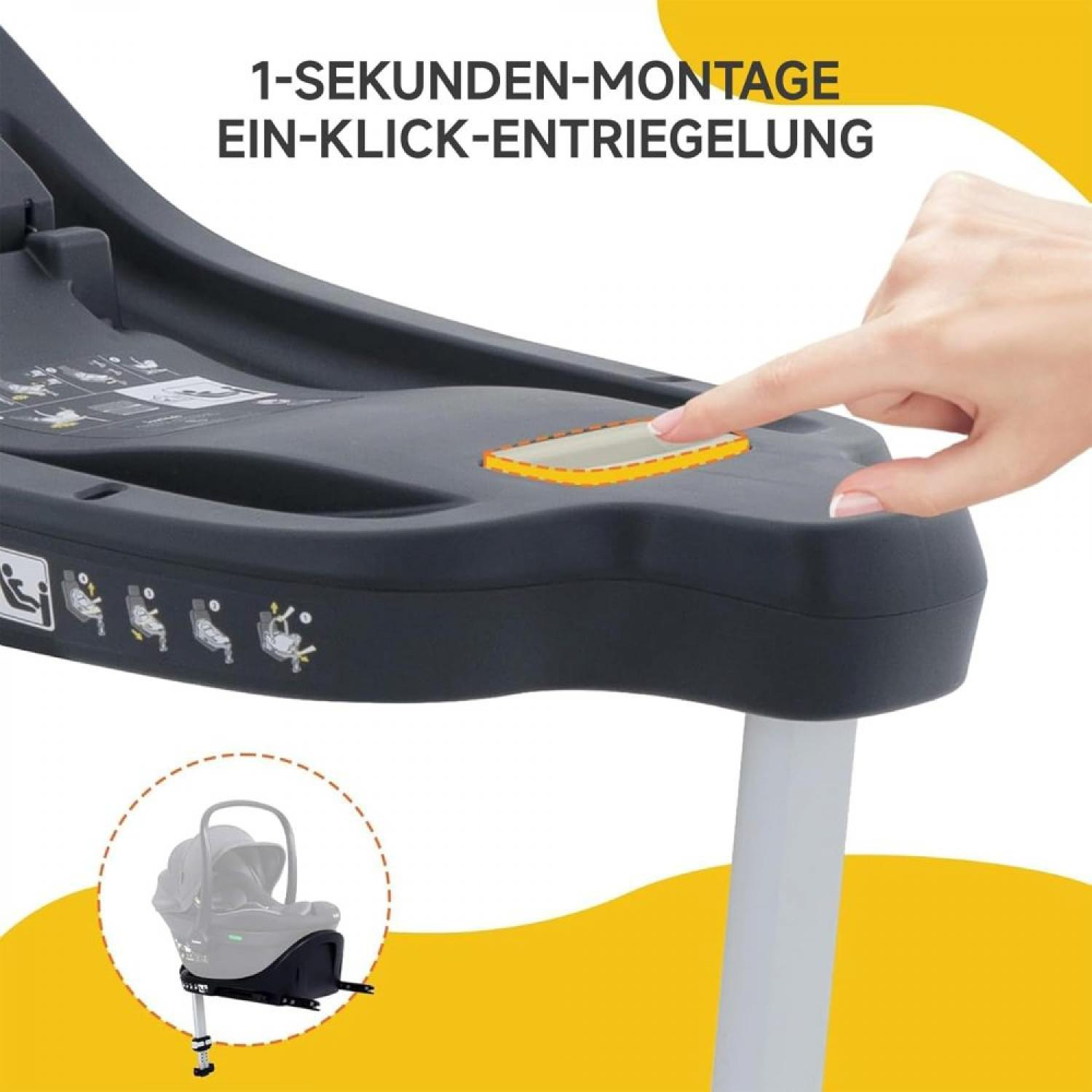 Finger drückt auf gelben Knopf einer schwarzen Babyschale Basis. Kleine Babyschale daneben.