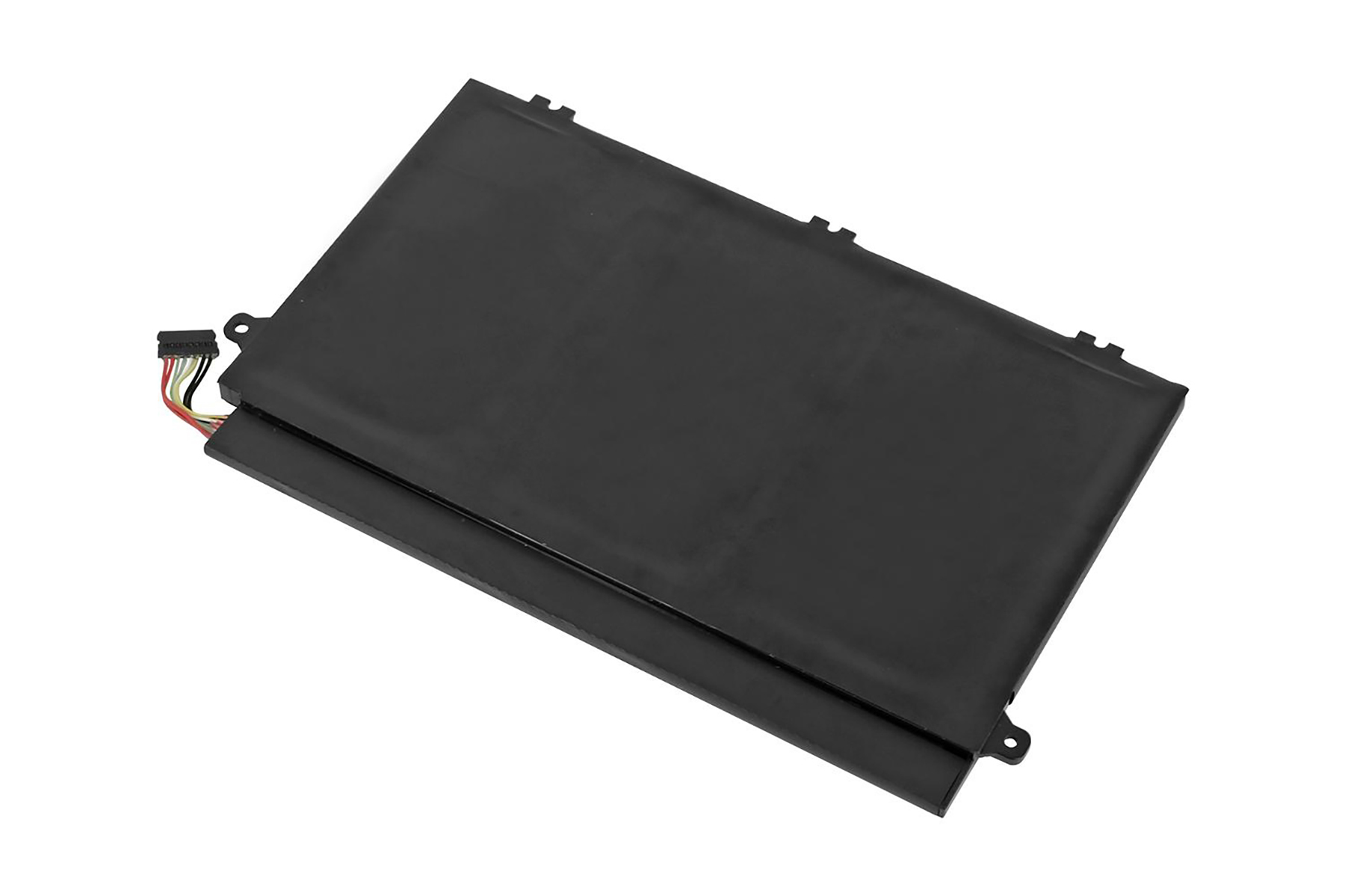 Ein schwarzer Laptop-Akku mit einem Kabelanschluss in der oberen linken Ecke.