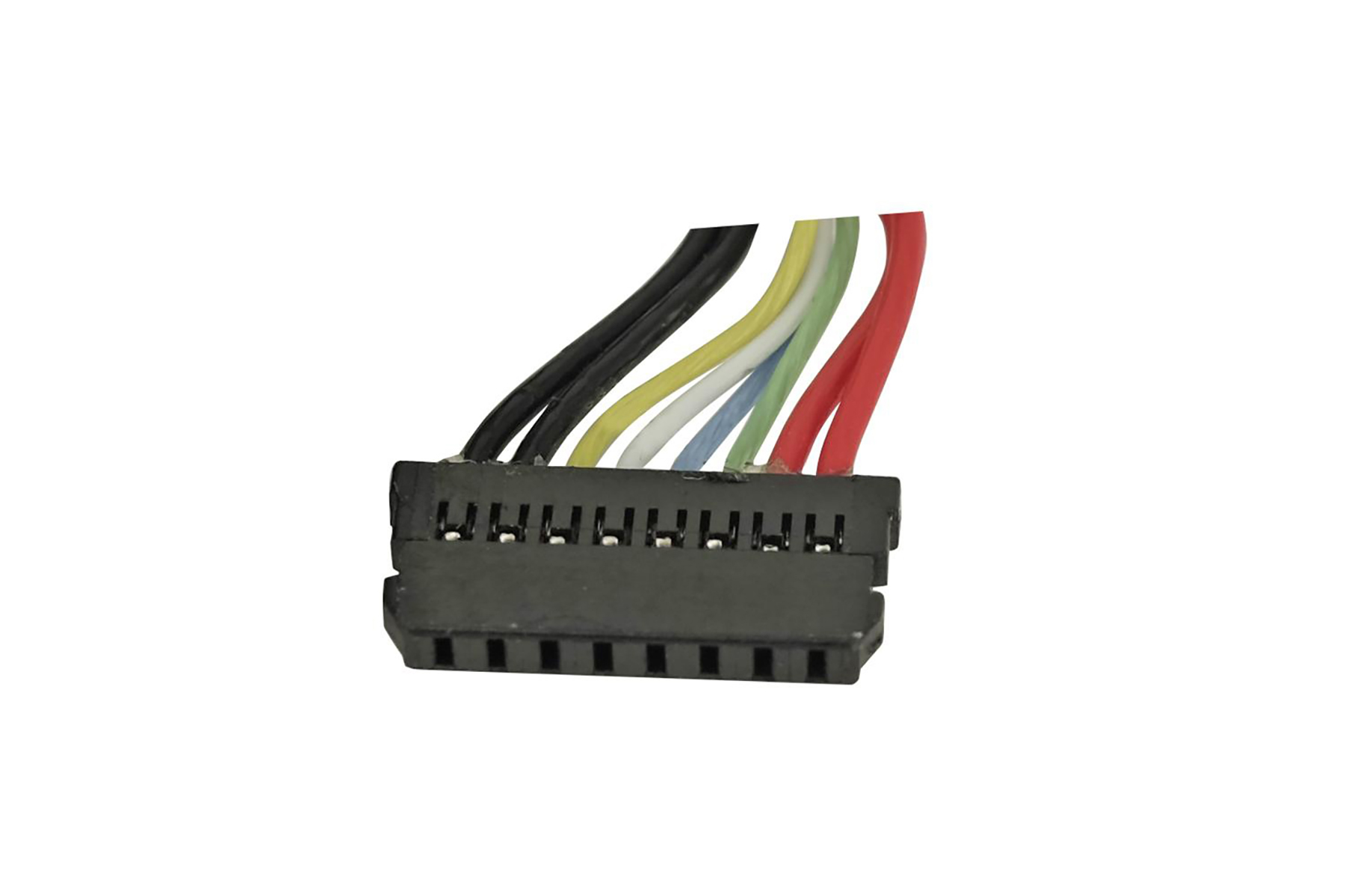 Ein schwarzer Stecker mit sieben farbigen Kabeln: schwarz, gelb, weiß, blau, grün, rot.