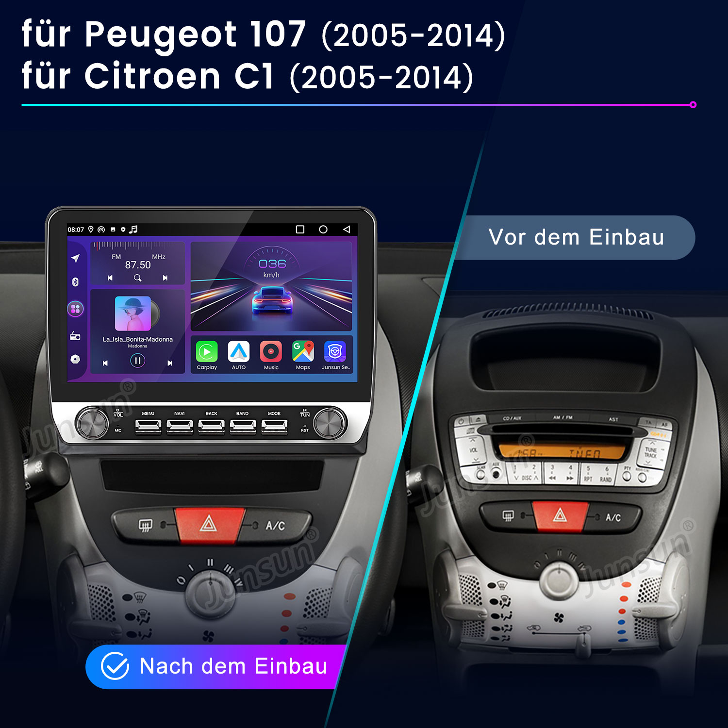 Vorher/Nachher-Vergleich eines Autoradios für Peugeot 107/Citroen C1.
