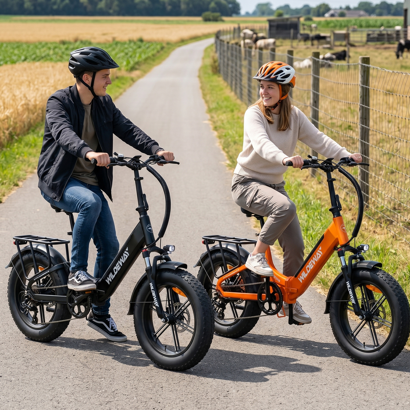 Zwei Personen auf E-Bikes auf einem Feldweg. Links ein schwarzes, rechts ein oranges Rad.