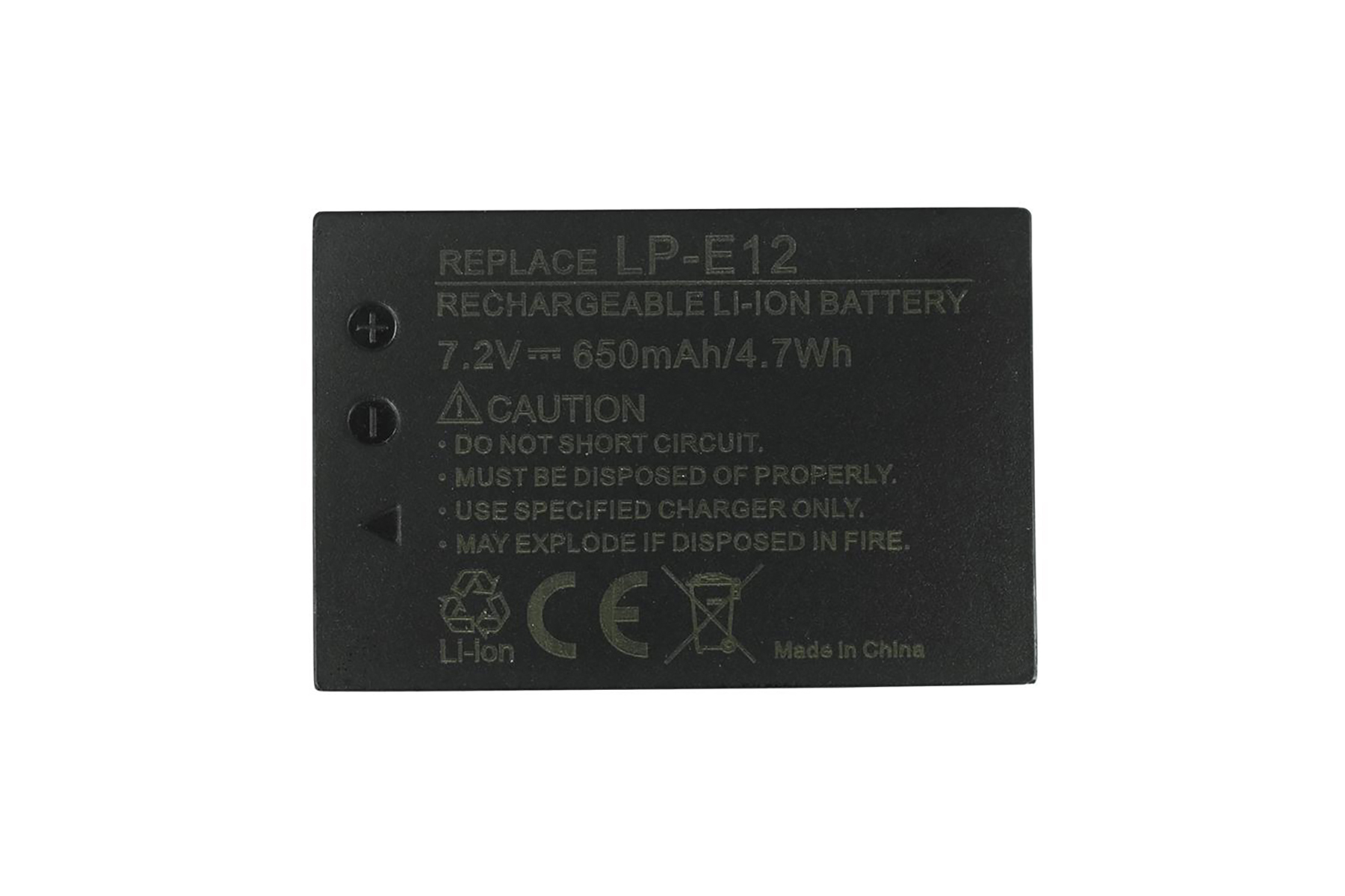 Schwarzer Akku mit Aufschriften: LP-E12, 7.2V, 650mAh, Vorsicht.