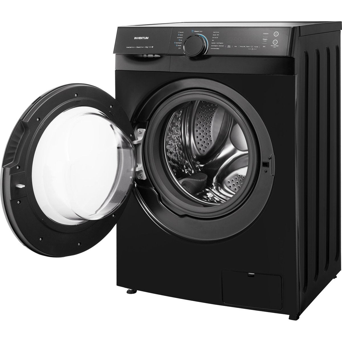 Zwarte wasmachine met open deur en zilveren trommel. Bedieningspaneel aan de bovenkant.
