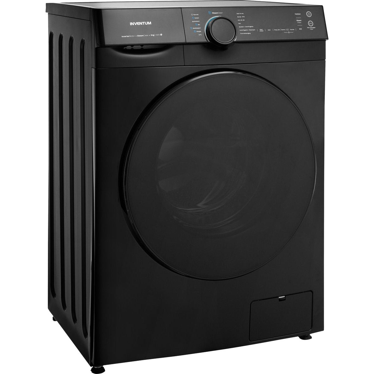 Zwarte wasmachine met ronde deur en bedieningspaneel.