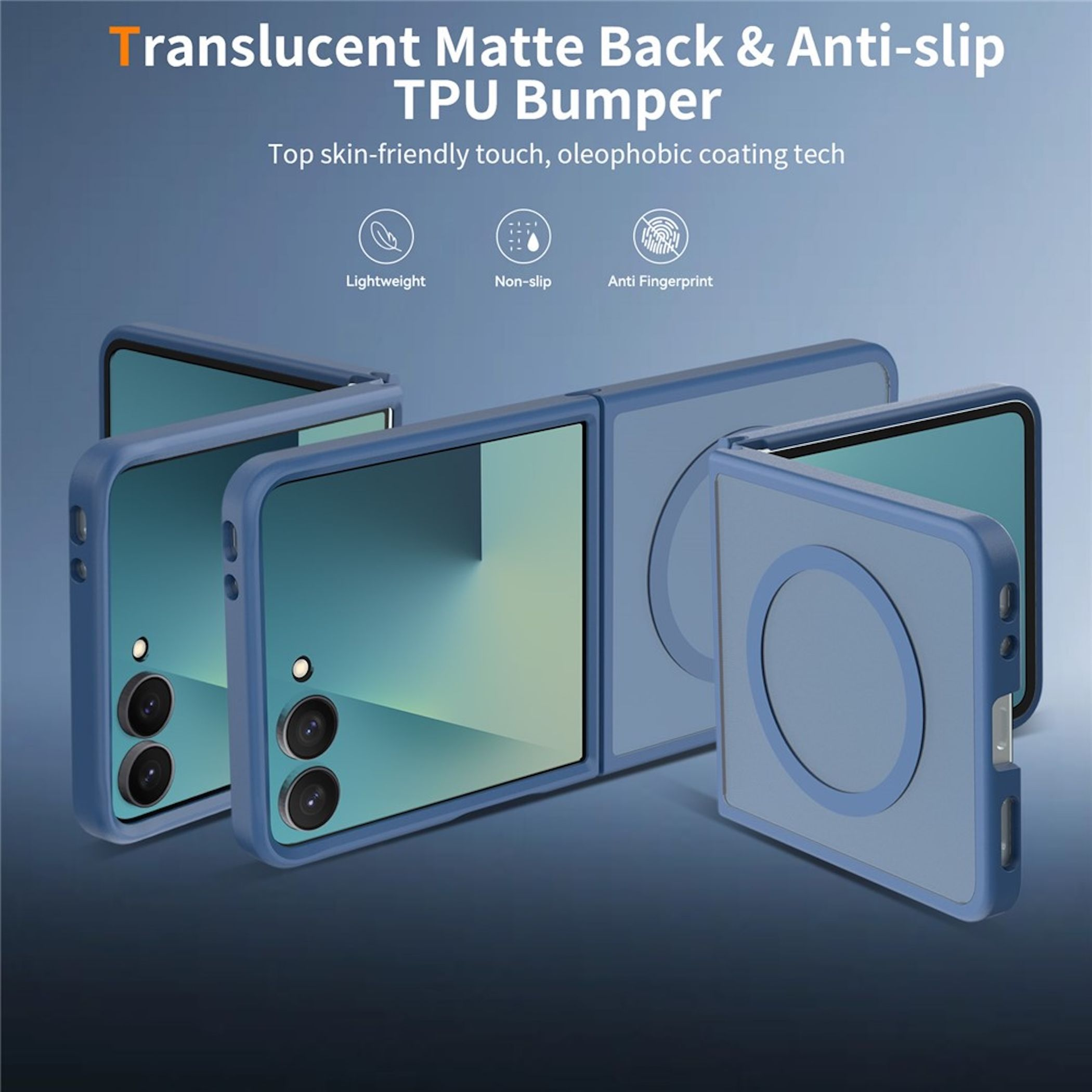 Blaue Handyhüllen mit Kameras und magnetischem Kreis auf der Rückseite.