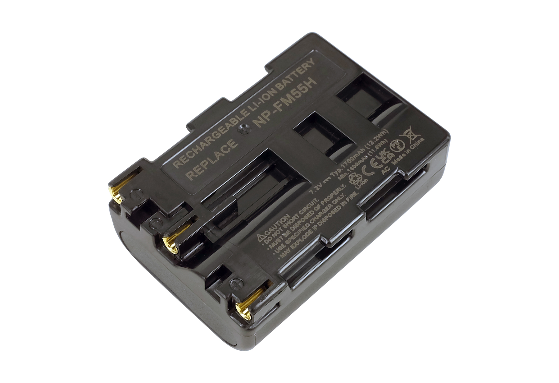 Schwarzer Akku NP-FM55H mit Ladekontakten und Warnhinweisen.