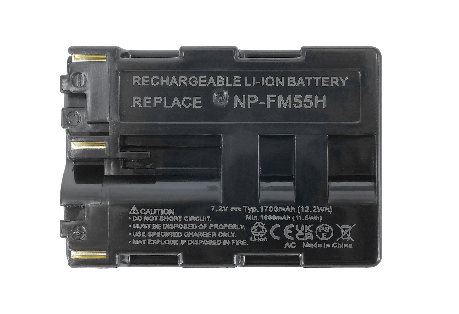 Schwarzer Li-Ion-Akku NP-FM55H mit Warnhinweisen und Markierungen.