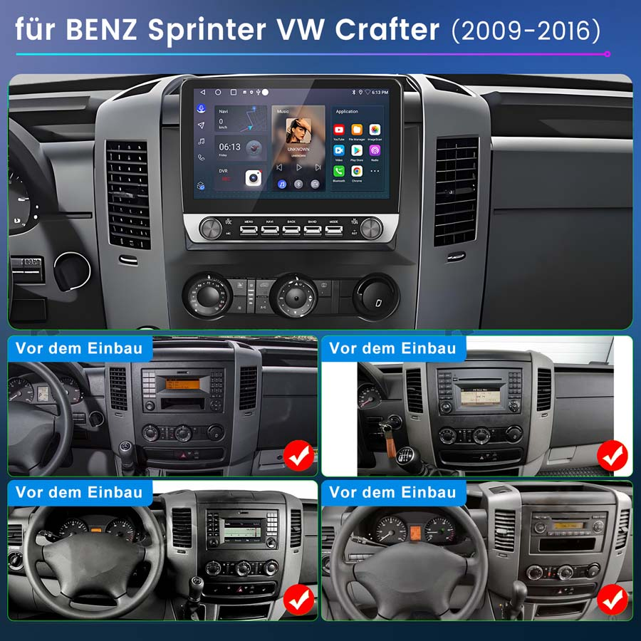 Android-Autoradio-Einbau in ein Sprinter/Crafter-Armaturenbrett, vor und nach dem Einbau.