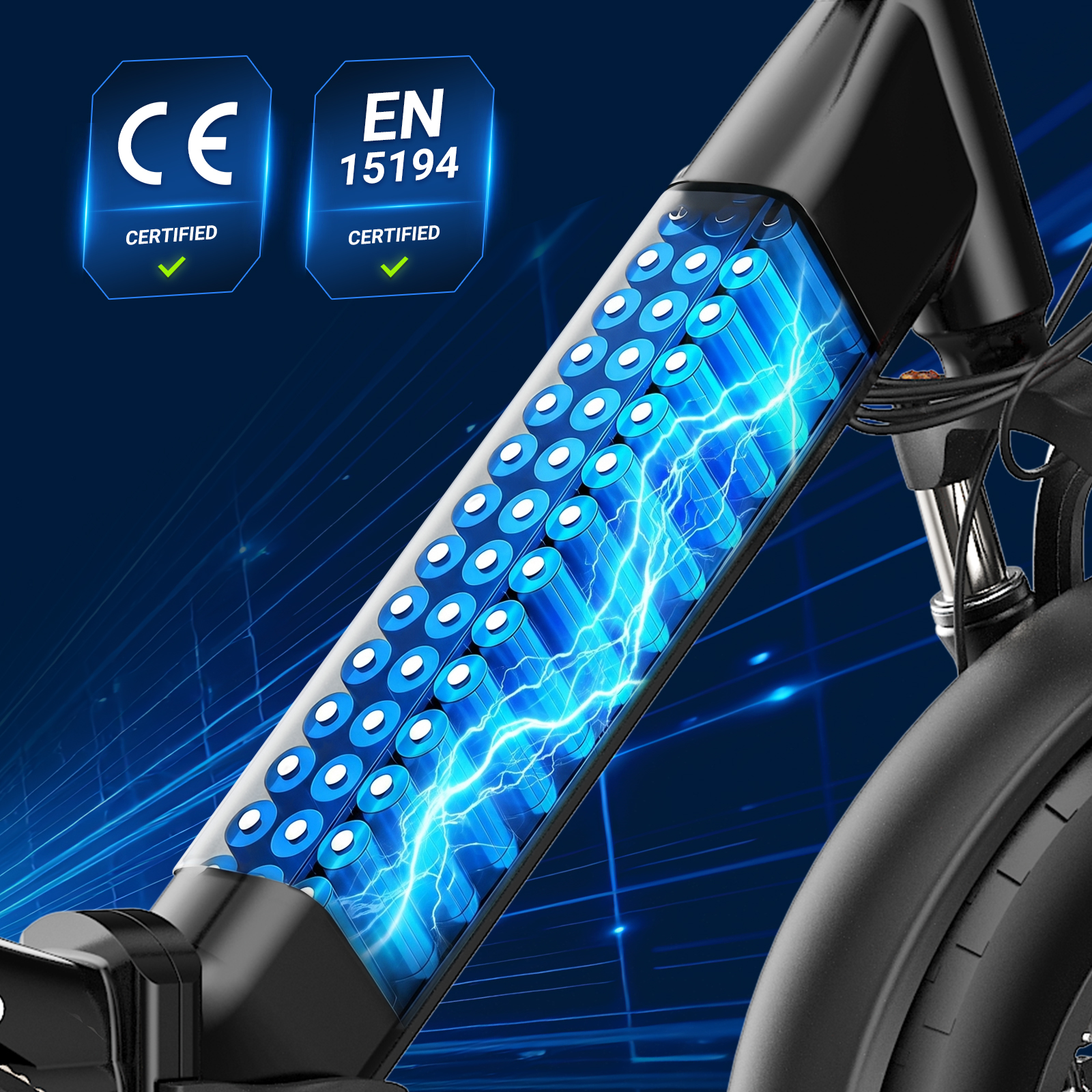 Batteriepack mit blauen Zellen und Blitzen, CE- und EN-Zertifizierungssiegel.