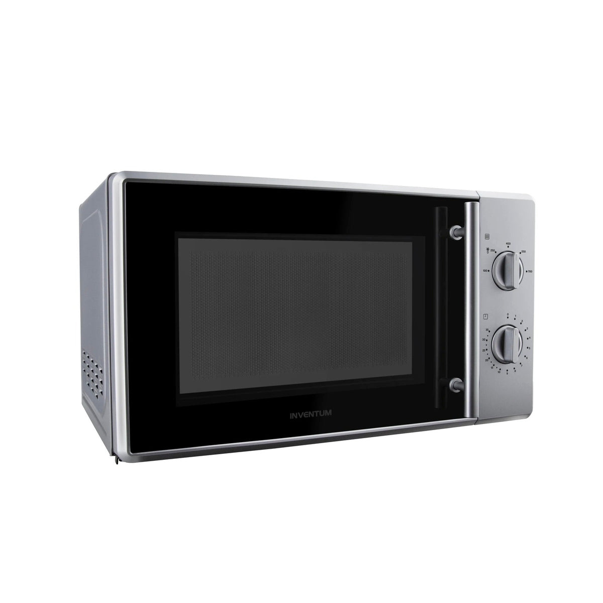 A silver Inventum microwave oven with a black door and two rotary dials.