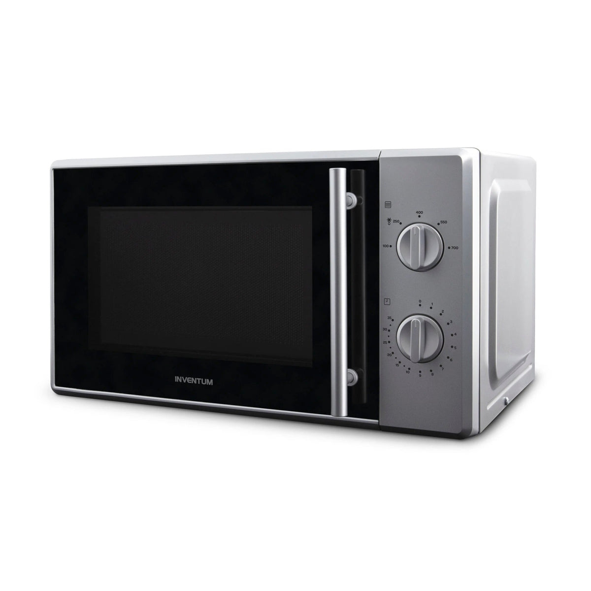 A silver Inventum microwave with a black door and two control knobs.