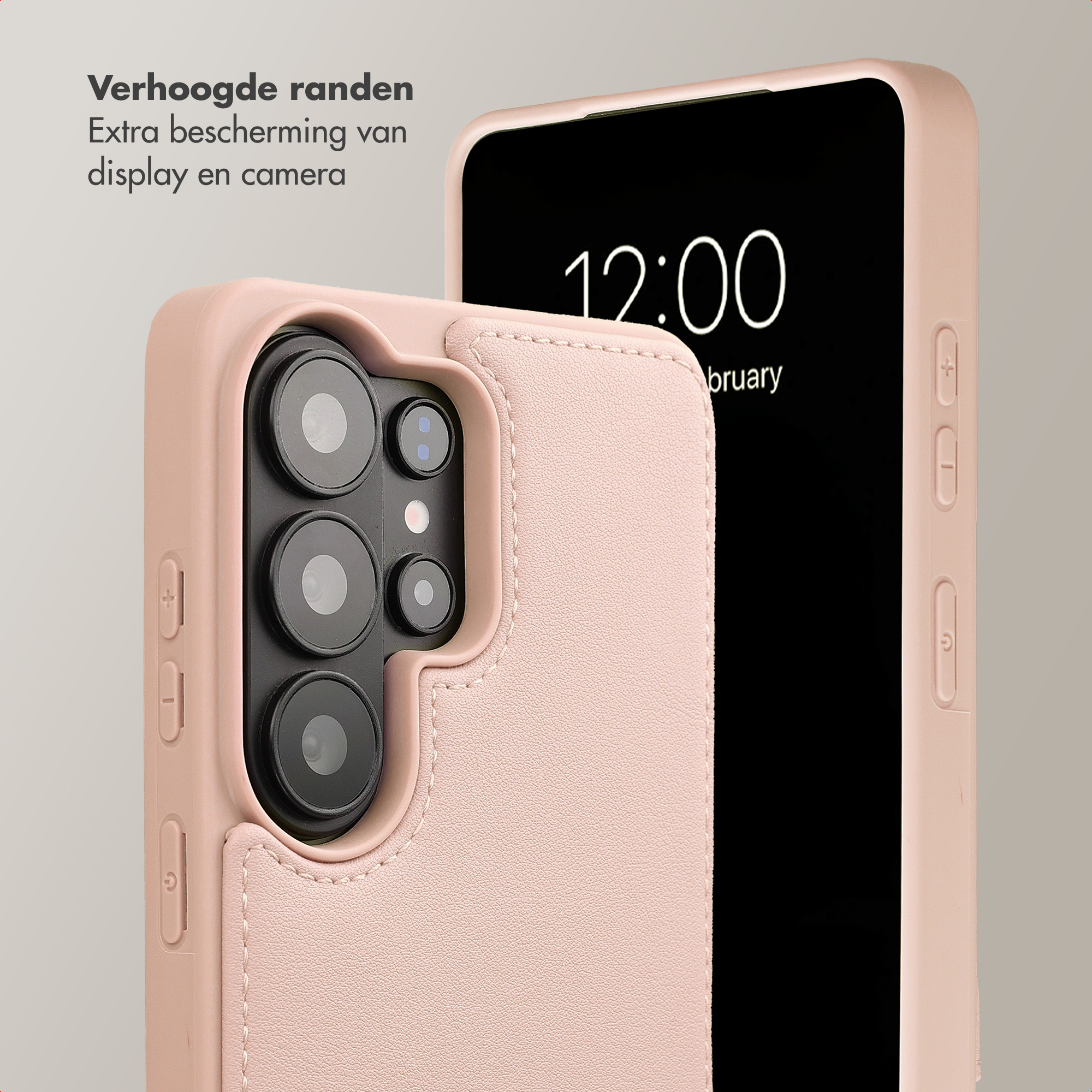 A pink phone case with raised edges and a camera cover flap.