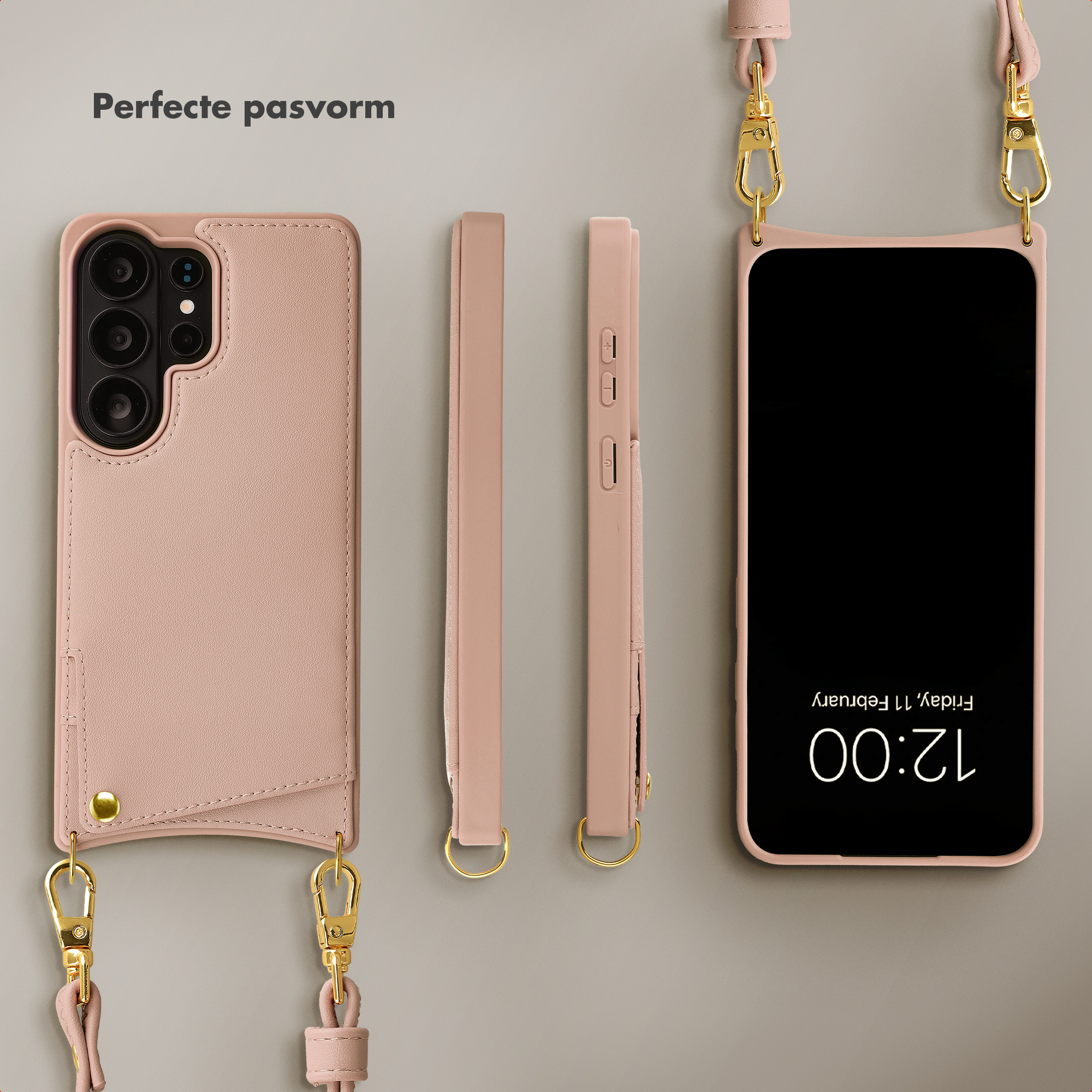 A pink phone case with a lanyard and gold hardware.
