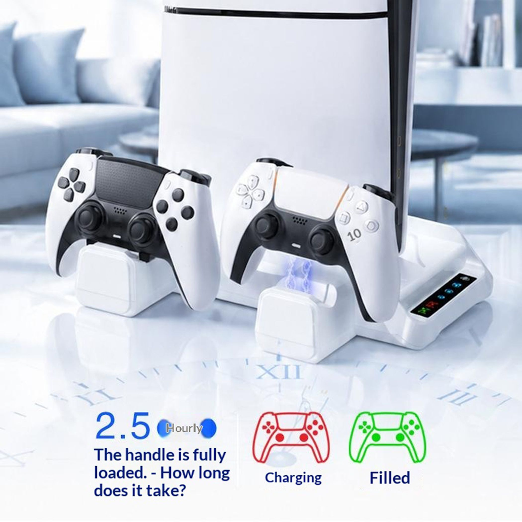 Zwei weiße Controller auf einer Ladestation neben einer Konsole.