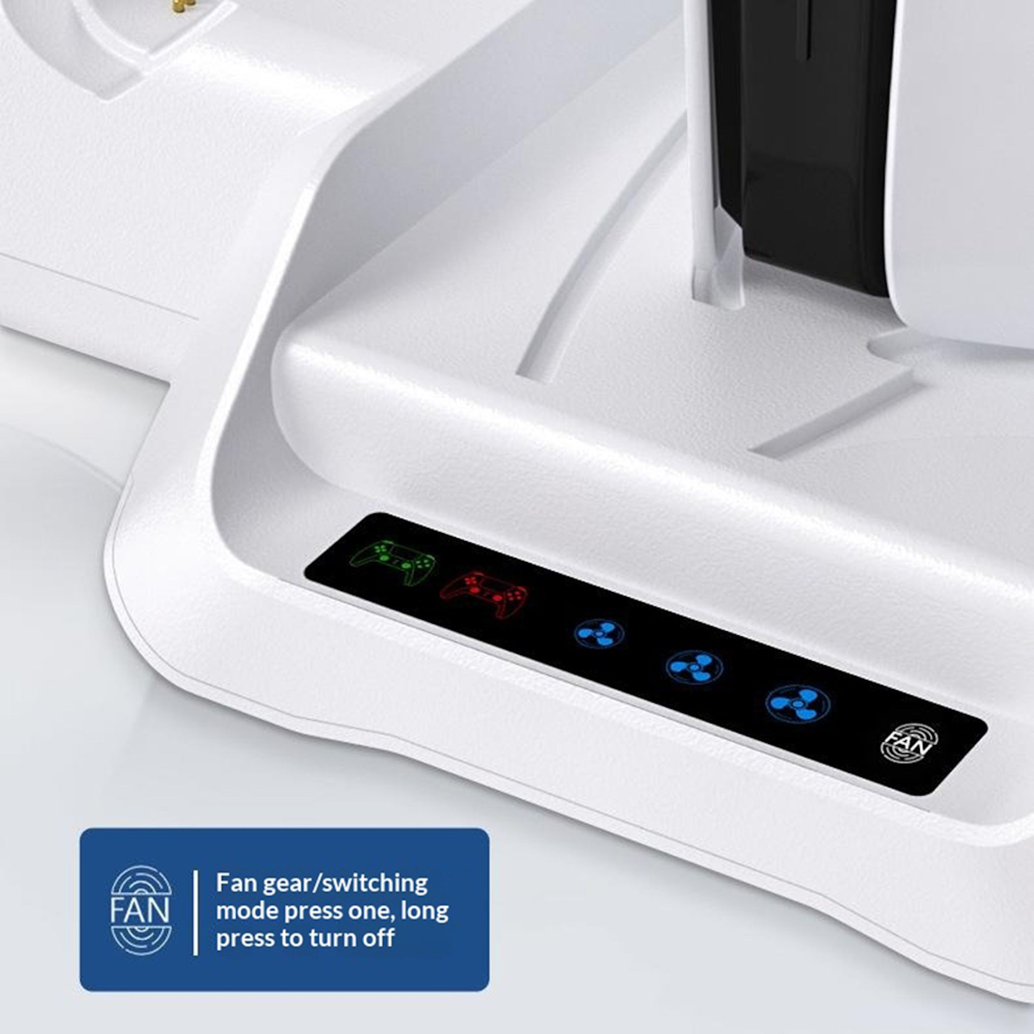 Weiße Ladestation mit Symbolen für Controller und Lüfter.