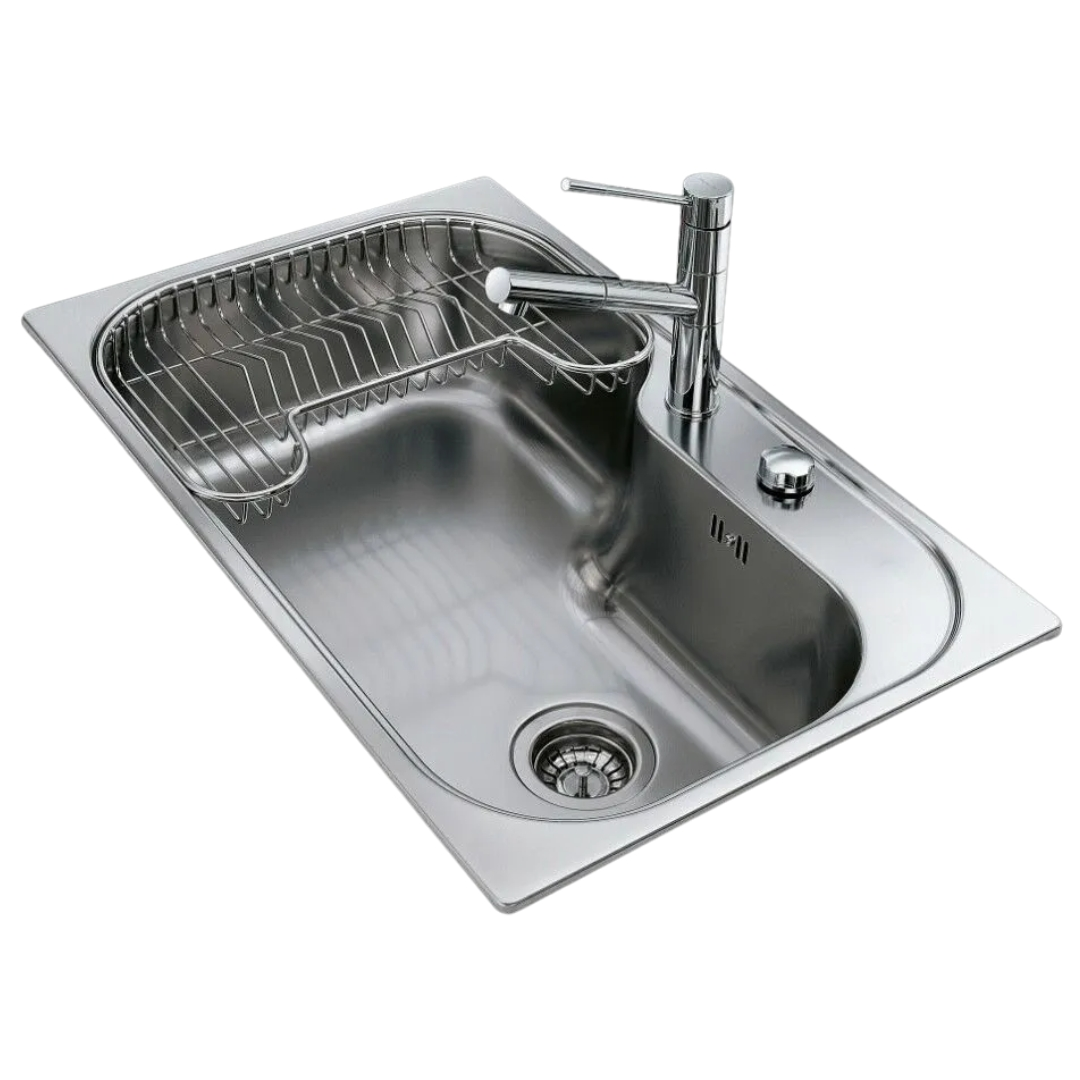 Lavello in acciaio inox con scolapiatti, rubinetto e scarico.