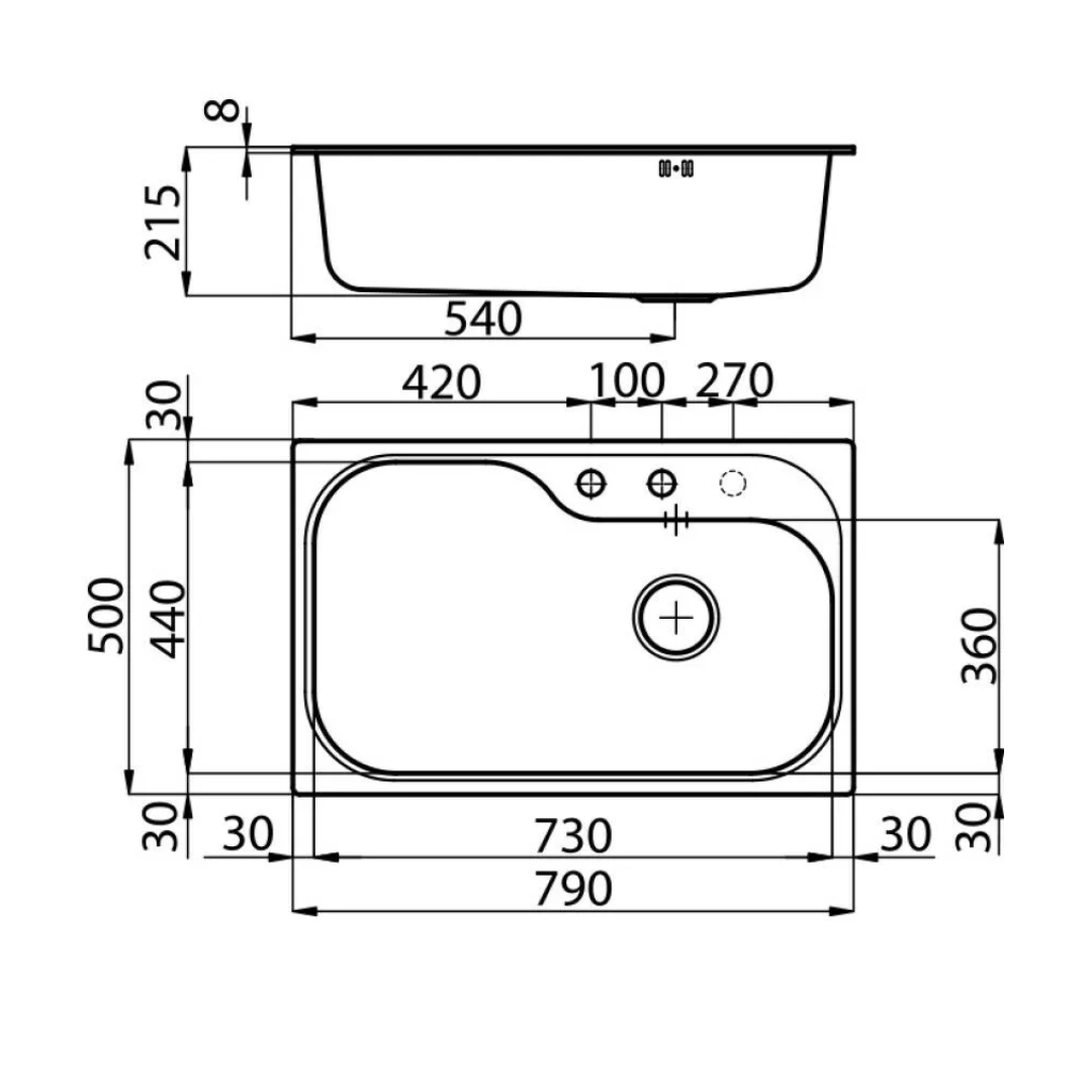 Disegno tecnico di un lavello con dimensioni e simboli.