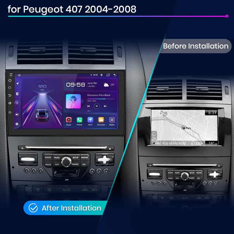 Vergleich eines Peugeot 407-Radios vor und nach der Installation.