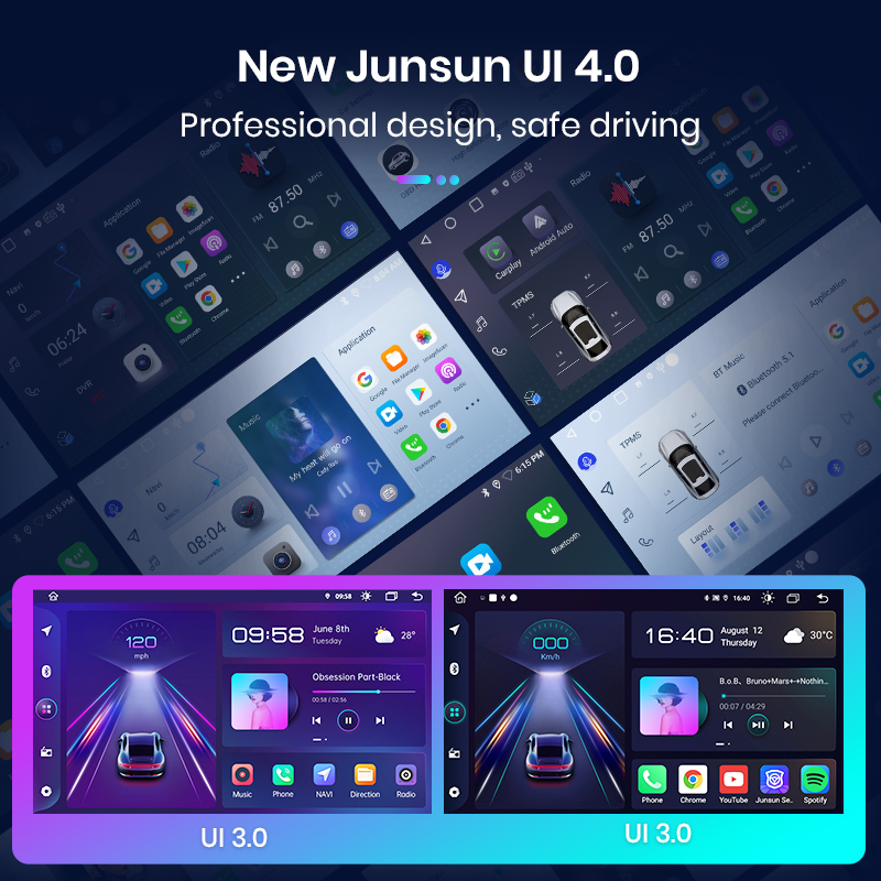 Moderne Auto-UI-Designs: Junsun UI 4.0 und UI 3.0 mit Navigation, Musik und mehr.