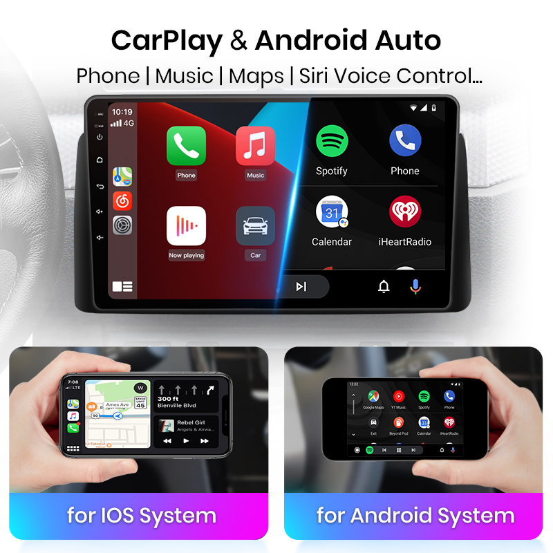 Auto-Infotainment-Systeme: iOS und Android. Zeigt Navigations- und Musik-Apps.