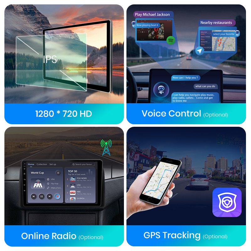 Vier Bilder: Bildschirm, Sprachsteuerung, Online-Radio und GPS-Tracking.