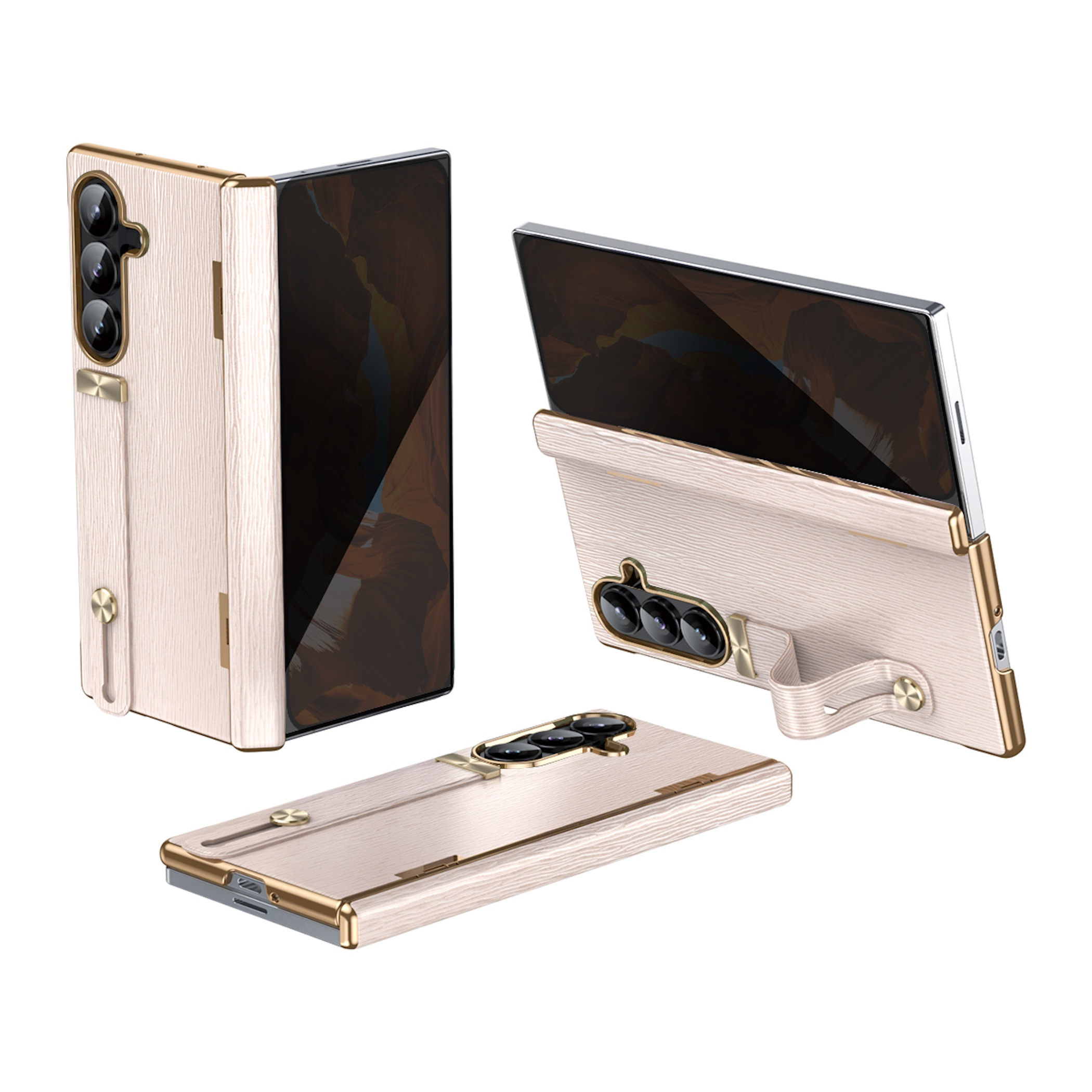 Ein beige faltbares Handy mit Holzmuster und Goldrand.