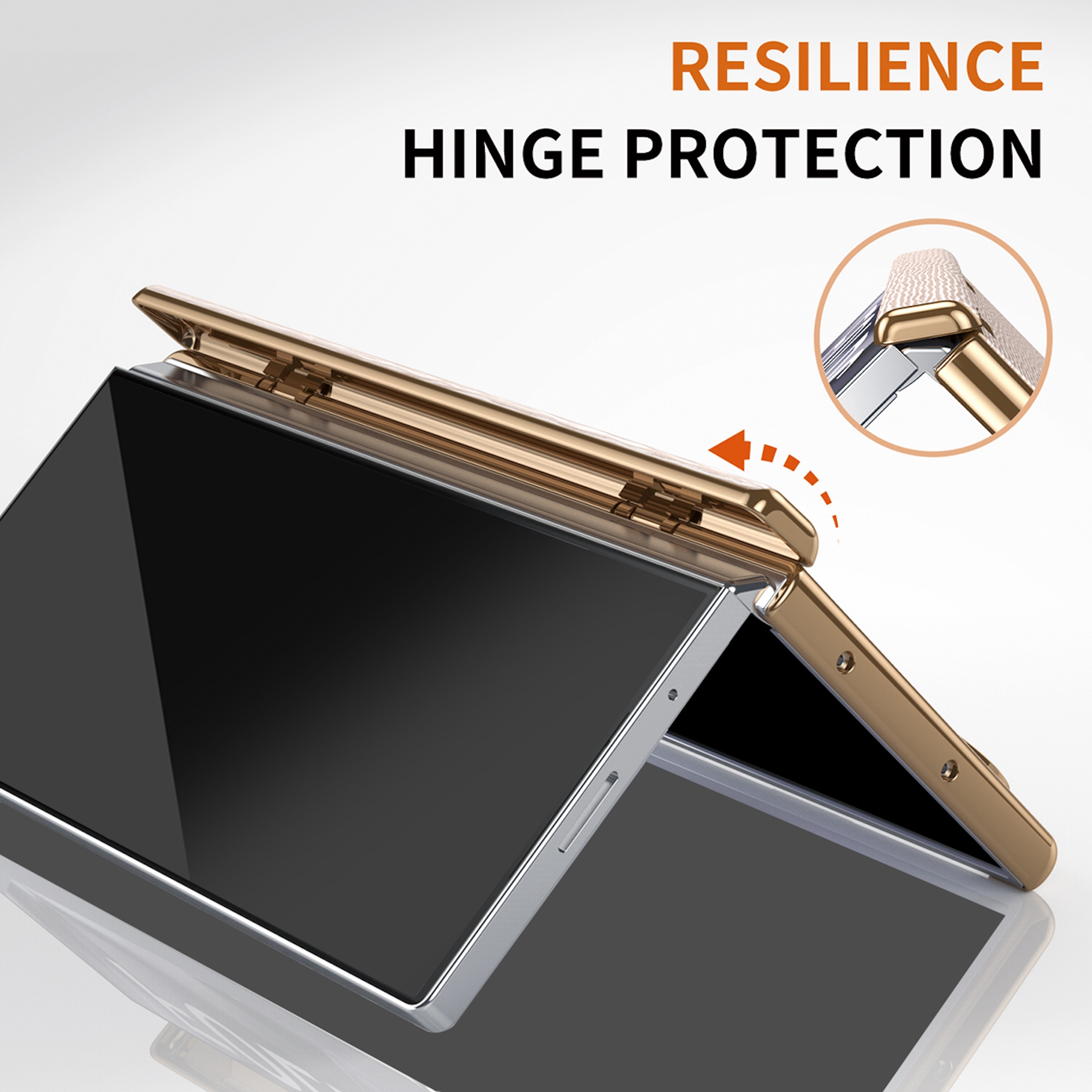 Goldener Scharnierschutz an einem geöffneten Laptop mit schwarzen Bildschirmen.