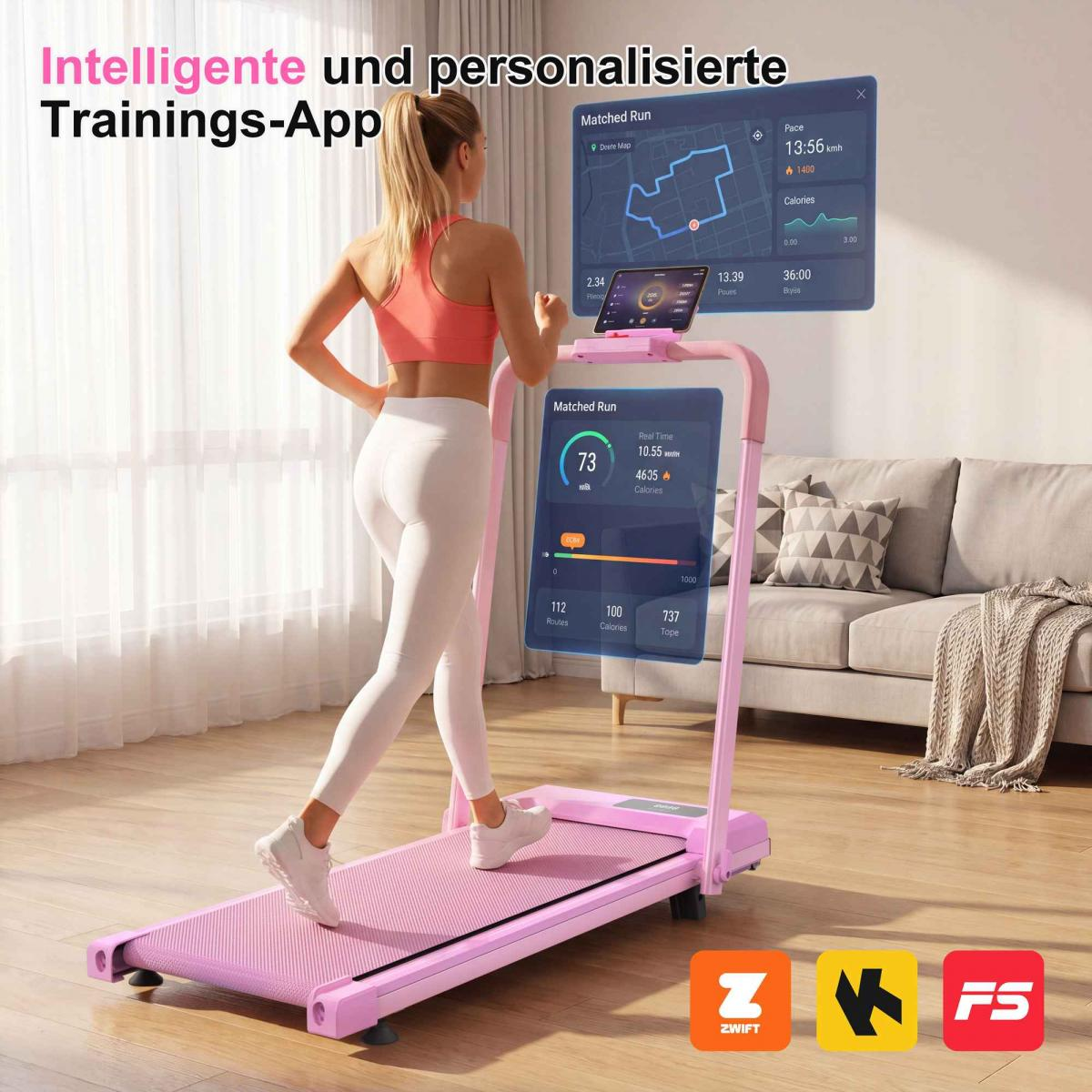 Frau auf einem pinken Laufband mit Trainings-App auf Bildschirmen.