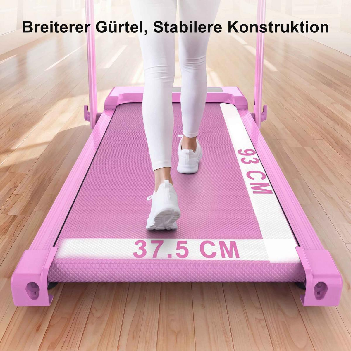 Eine Person in weißen Leggings und Turnschuhen geht auf einem rosa Laufband. Maße: 37,5 cm und 93 cm.