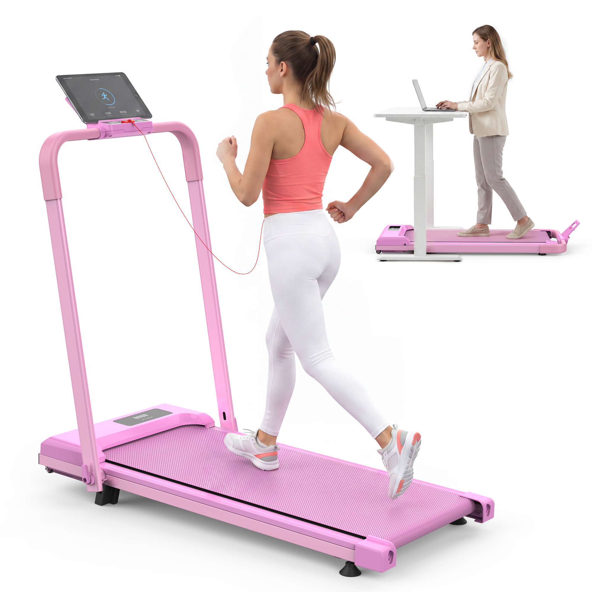 Eine Frau läuft auf einem rosa Laufband, eine andere Frau arbeitet am Laptop an einem Stehtisch.