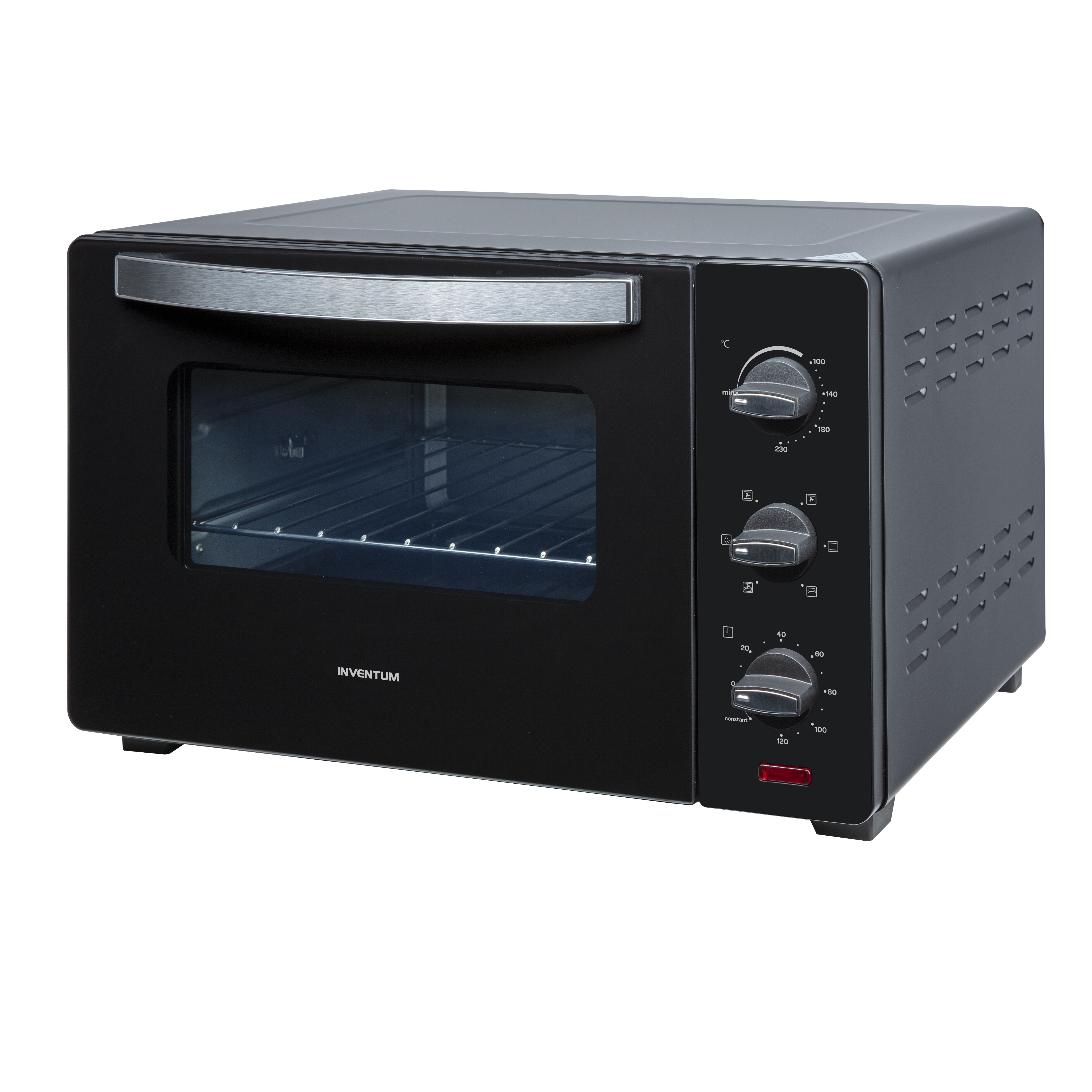 A black countertop oven with a silver handle and control knobs.