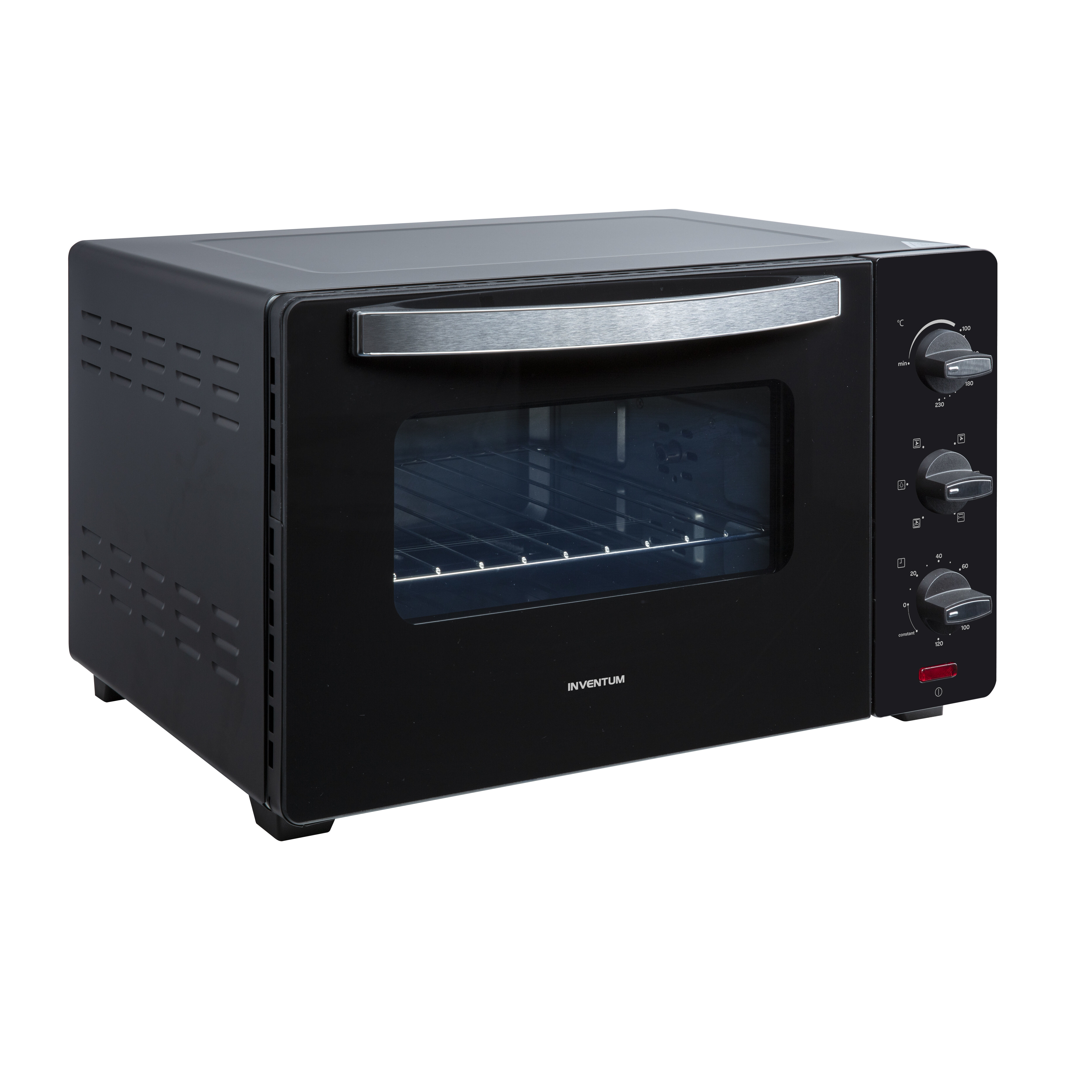 Black Inventum countertop oven with glass door, metal handle and rotary controls.