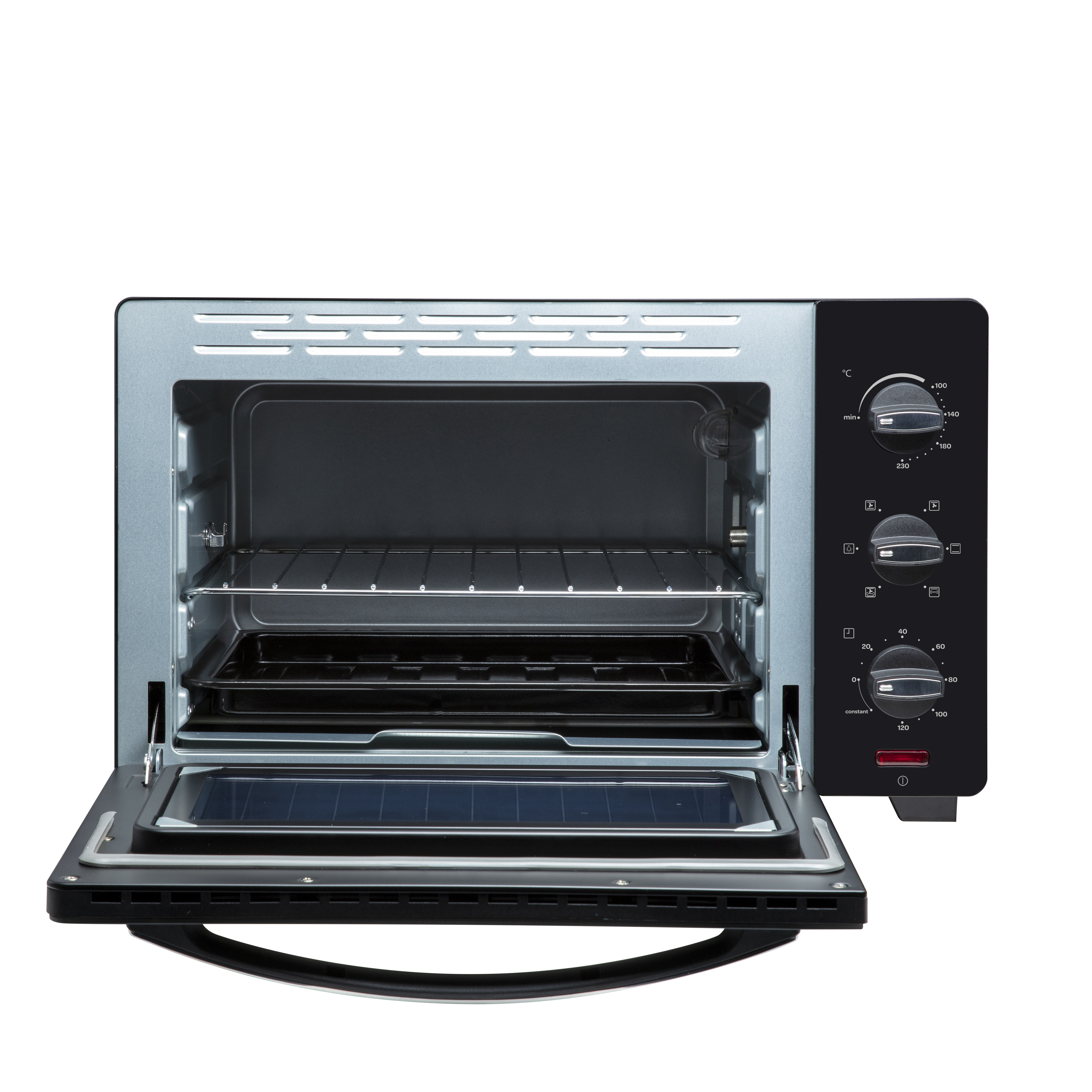 An open, silver and black countertop oven with two racks and control dials.