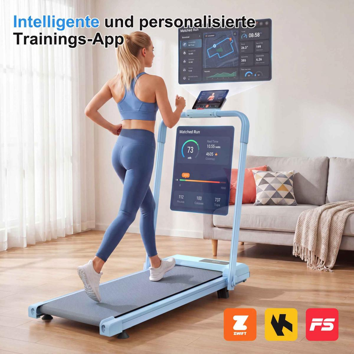 Frau läuft auf einem blauen Laufband mit interaktiven Trainings-App-Bildschirmen.