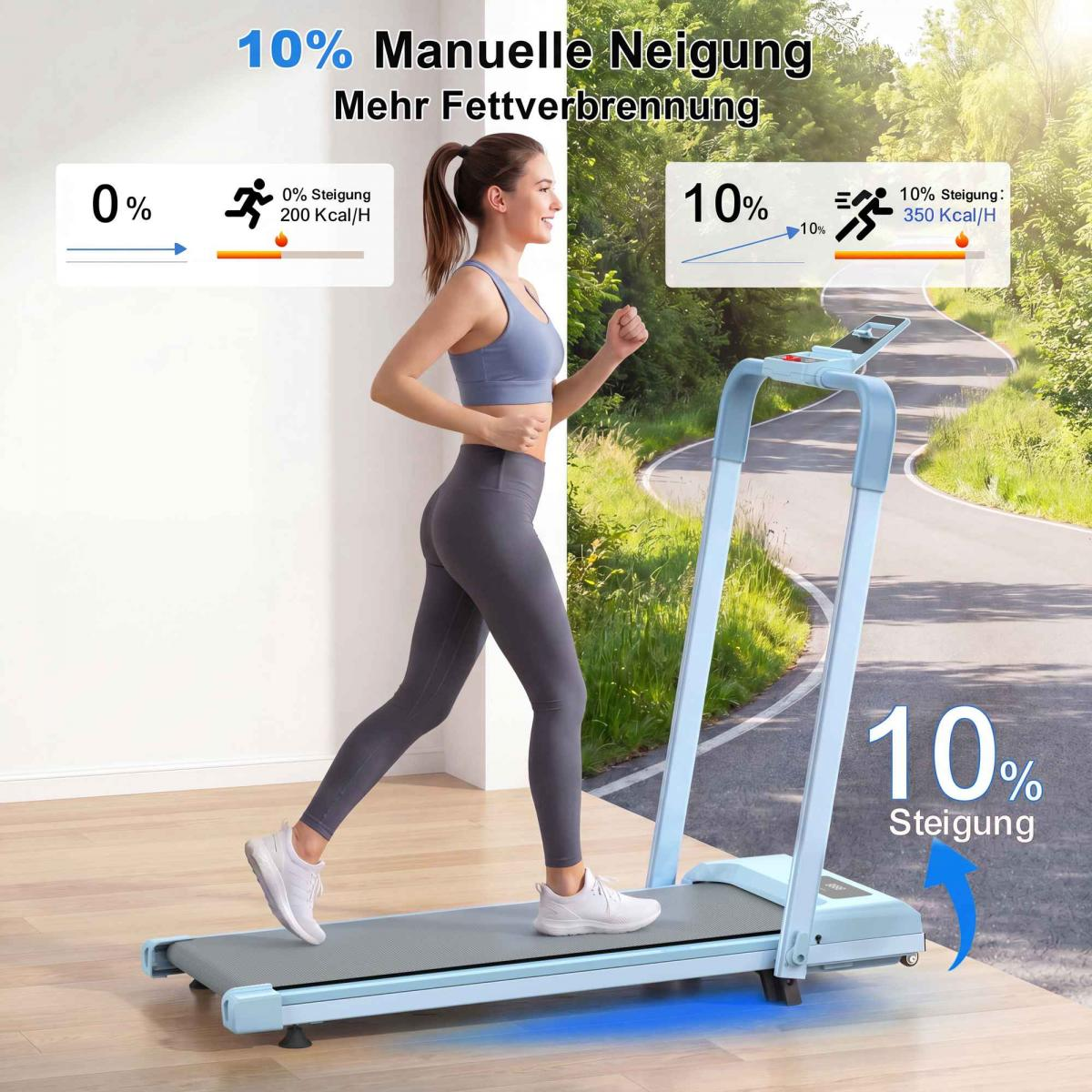 Frau läuft auf Laufband mit Anzeige von 0% und 10% Steigung und Kalorienverbrauch.