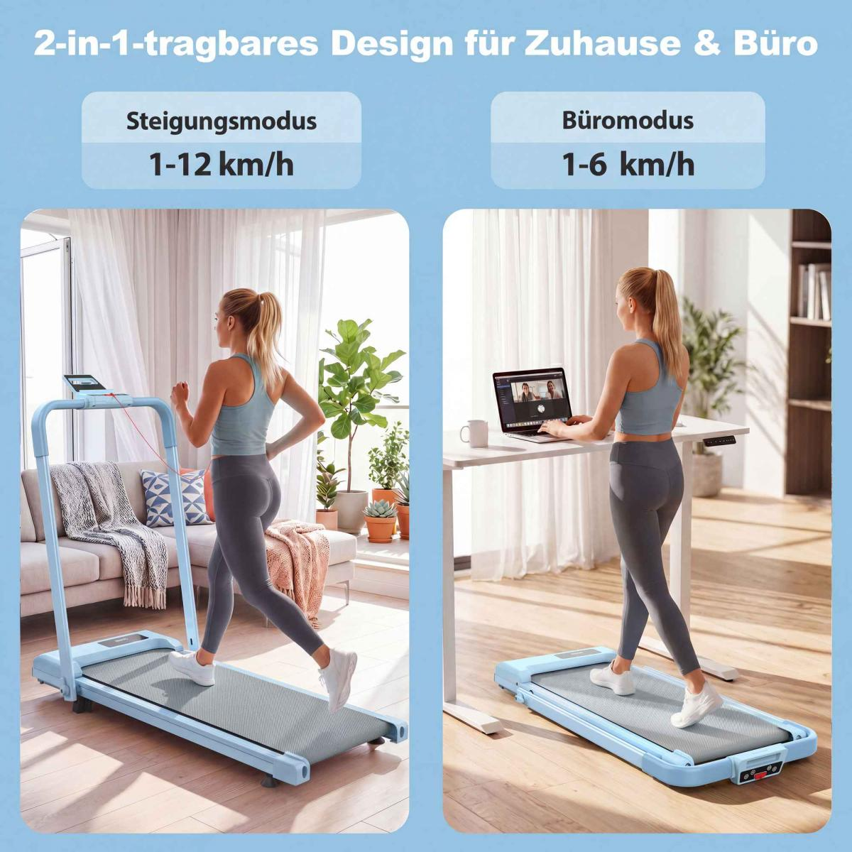 Frau läuft auf einem Laufband im Wohnzimmer, steht an einem Schreibtisch im Büro.