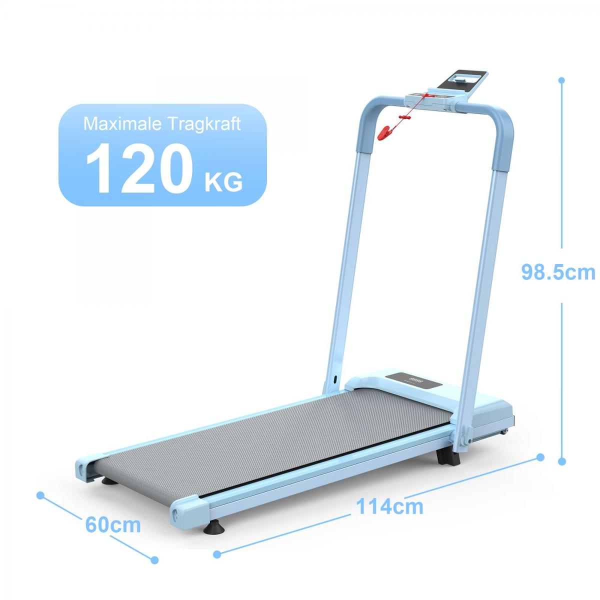 Leichtes blaues Laufband mit Display und Maßen: 114cm L, 60cm B, 98.5cm H.