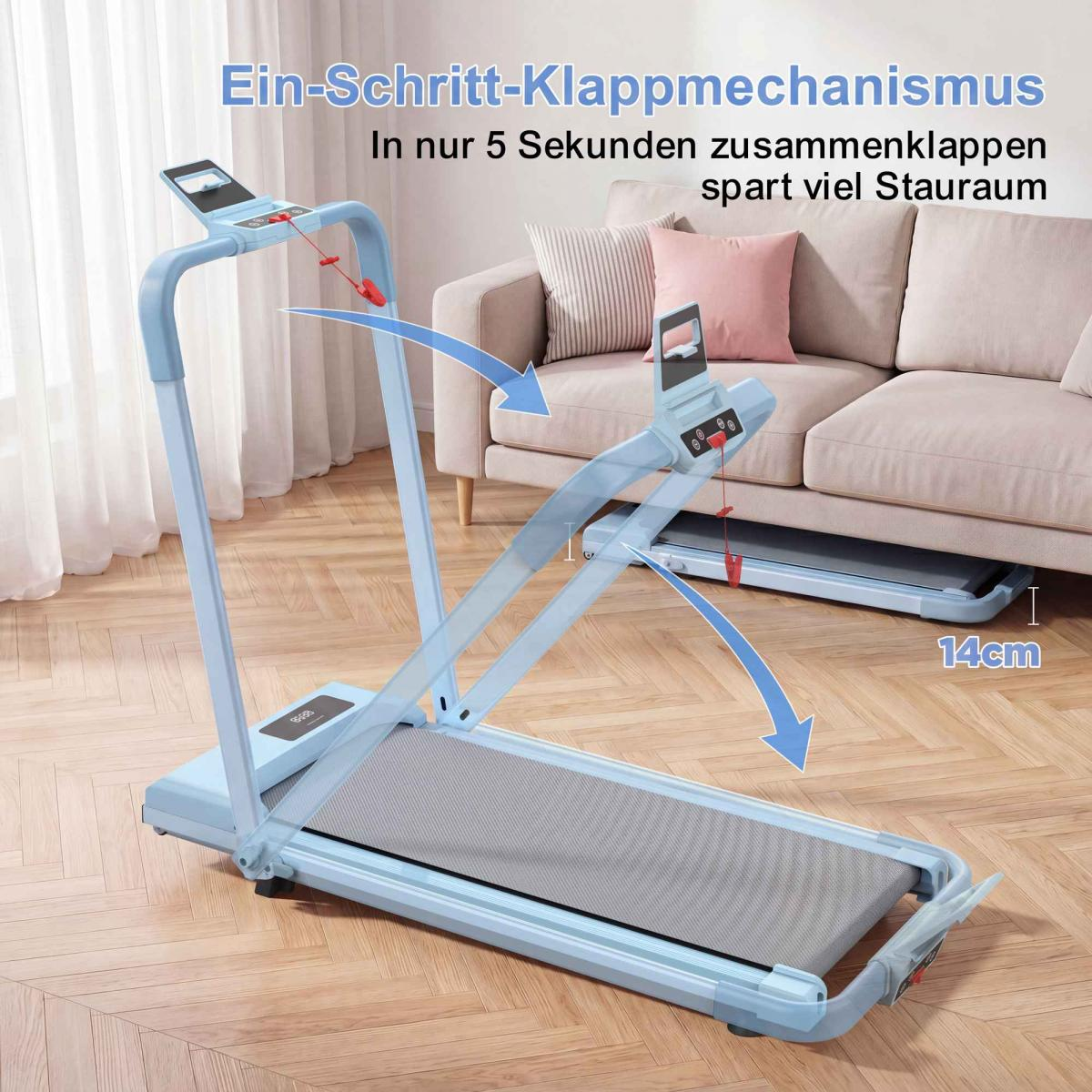 Ein hellblaues Laufband klappt zusammen und passt unter ein Sofa, Höhe 14cm.