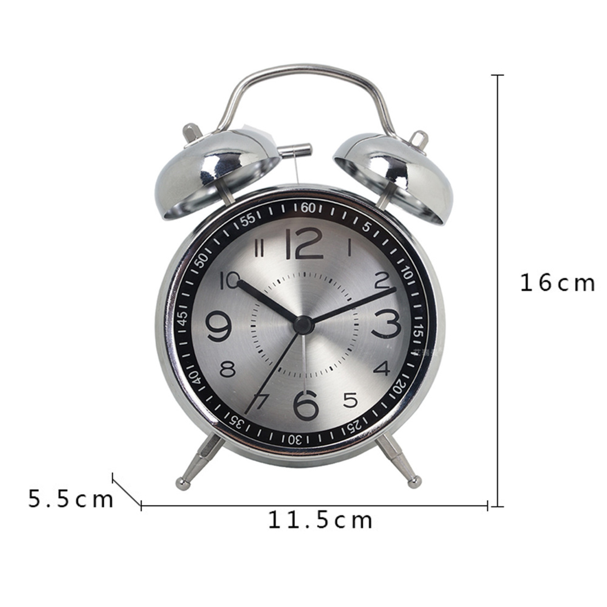 Silberne Doppelglocken-Wecker, 11,5cm breit, 16cm hoch, mit weißem Zifferblatt.