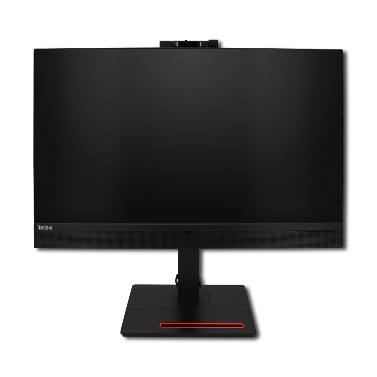 Ein schwarzer All-in-One-Computer mit Kamera auf einem flachen Ständer.