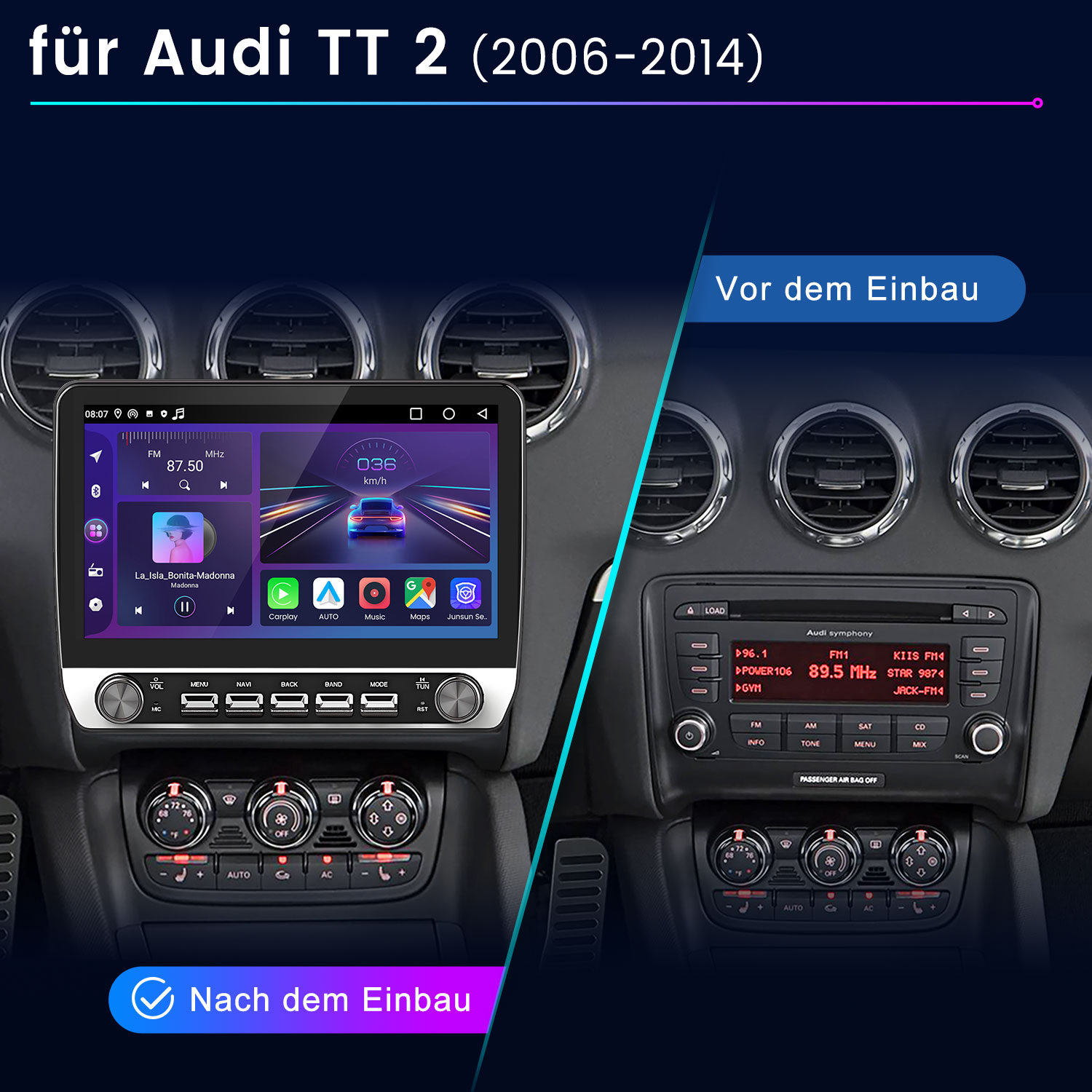 Vorher/Nachher-Vergleich eines Audi TT 2 Infotainmentsystems.