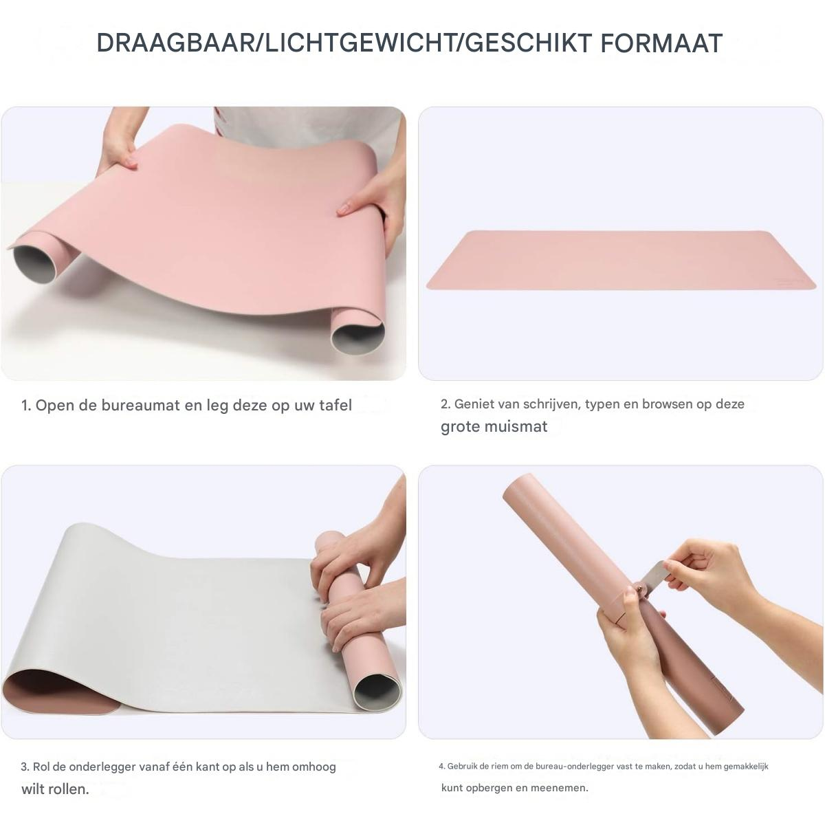 Eine Person entrollt eine rosafarbene Schreibtischunterlage, die als tragbar und leicht beworben wird.