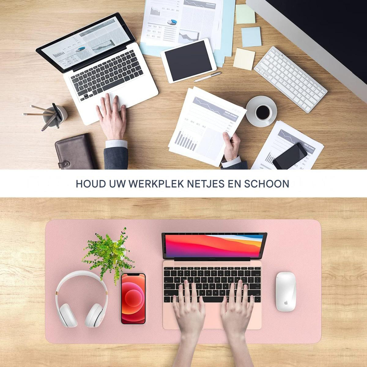 Oben: Schreibtisch mit Laptop, Tablet, Papieren u. Kaffee. Unten: Rosa Matte mit Laptop, Kopfhörern, Handy, Maus.