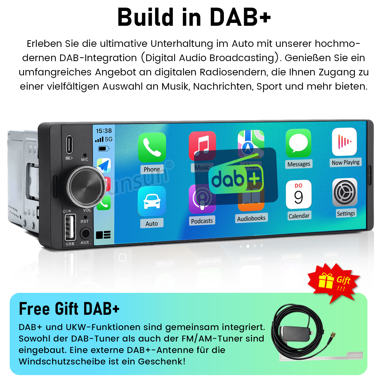 Ein Autoradio mit DAB+-Integration und Touchscreen, das Apps anzeigt.
