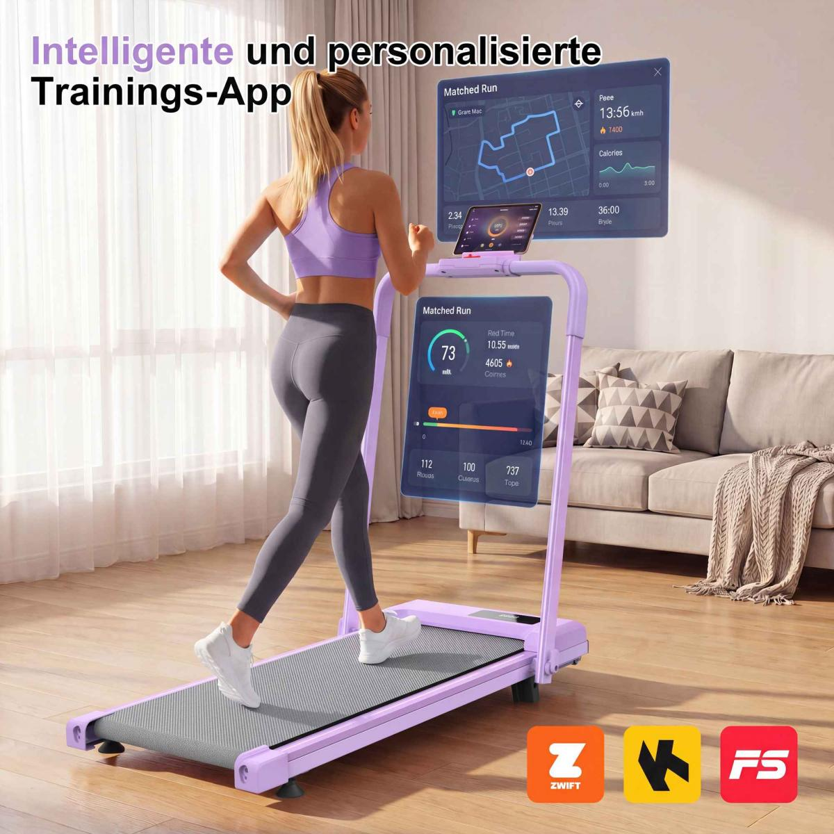 Frau auf einem lila Laufband, das mit einer App verbunden ist, die Trainingsdaten anzeigt.