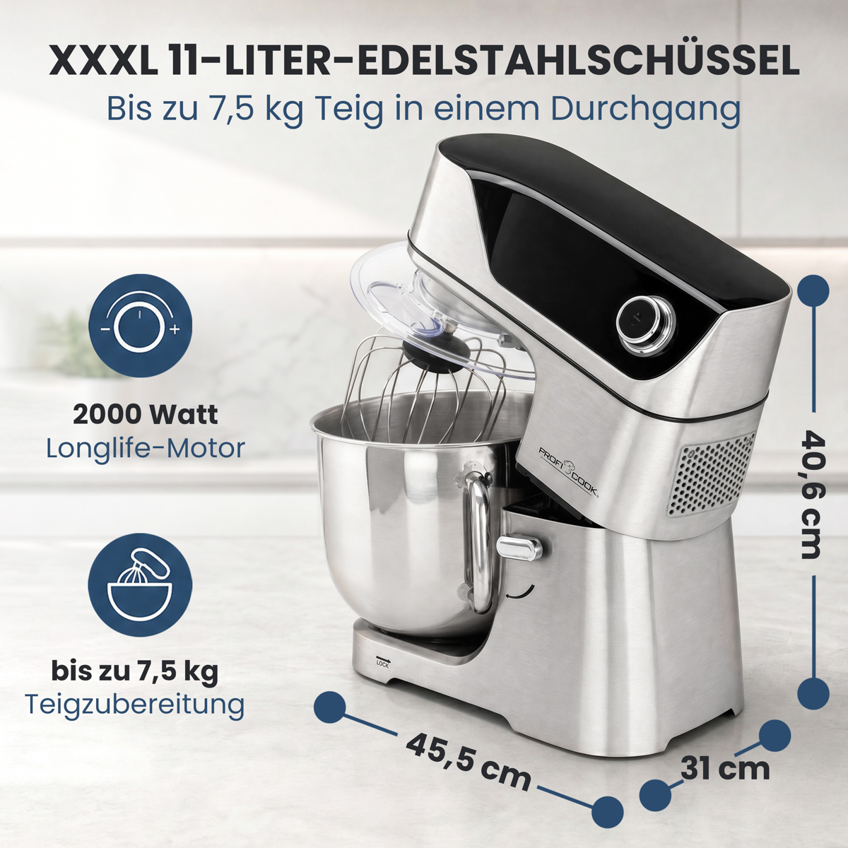 Edelstahl Küchenmaschine mit 11L Schüssel, 2000W Motor, 40,6x45,5x31cm.