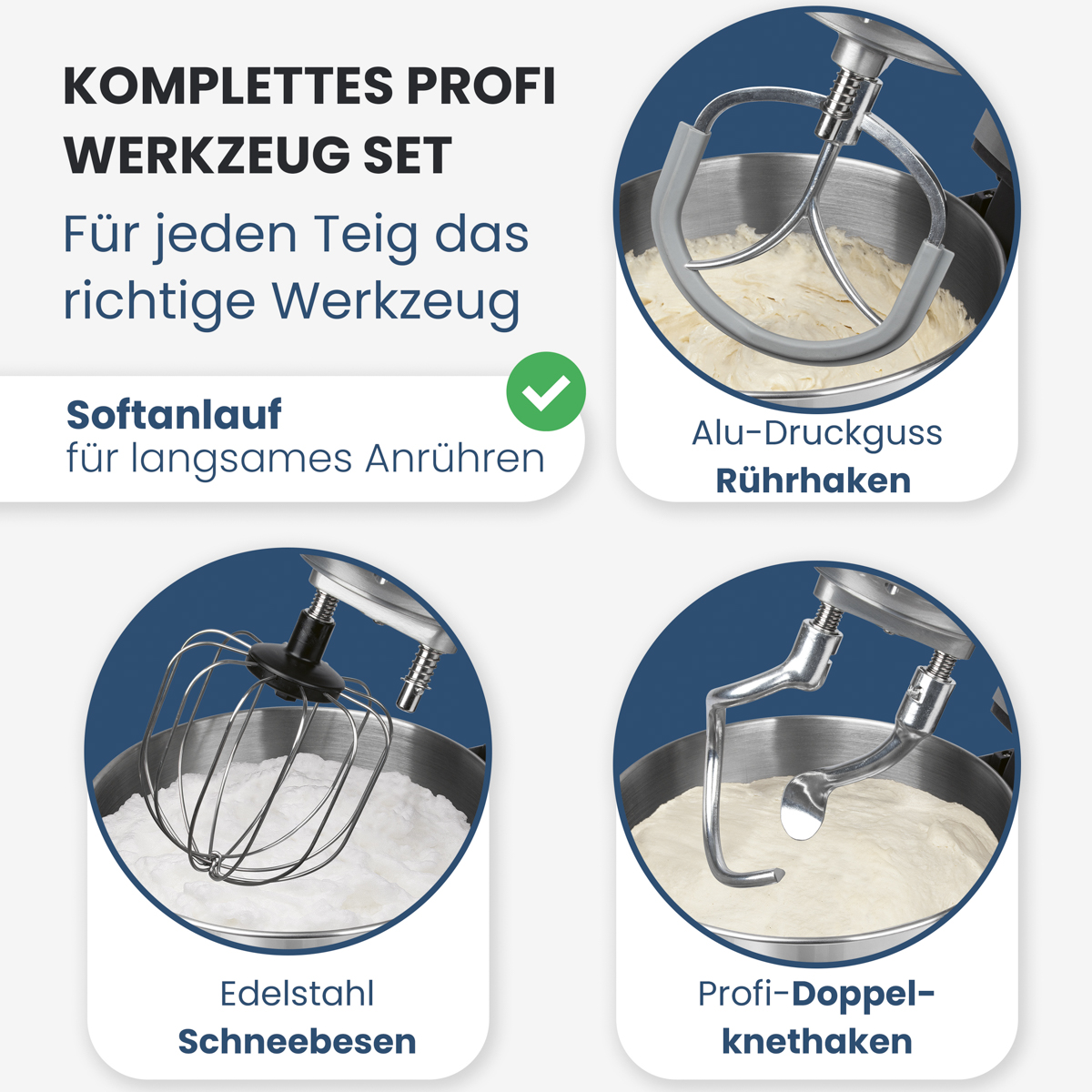 Übersicht von Küchenmaschinen-Aufsätzen: Rührhaken, Schneebesen, Knethaken.