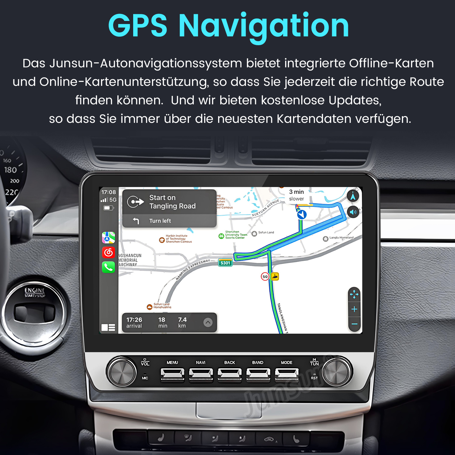 Das Navigationssystem zeigt eine Route mit Abbiegeanweisungen und Kartendetails.